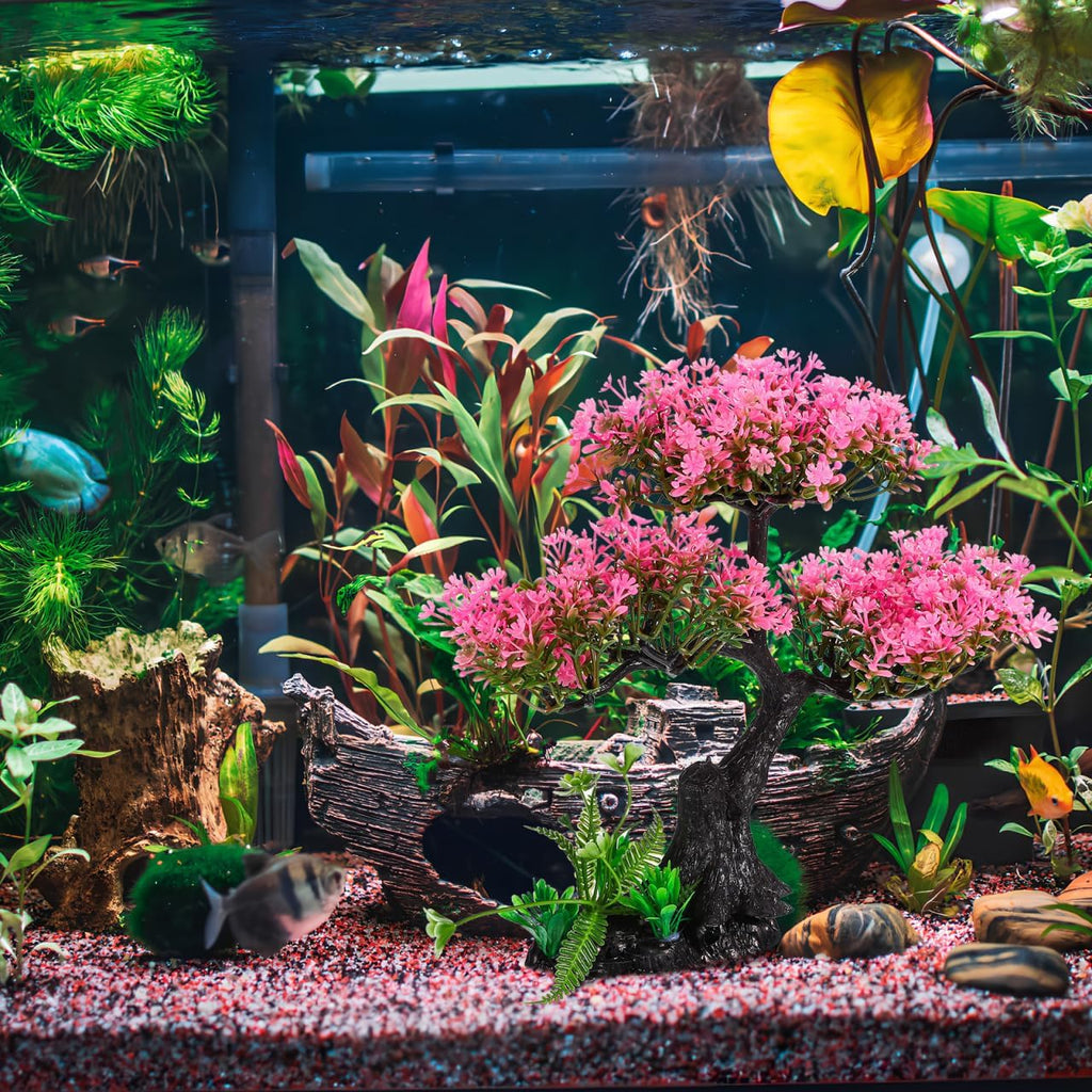 Garneck Aquarium Artificial Plants Pink Cherry Blossom Tree Grass Set Fish Decorations for Tank Accessories Home Office Fish Tank Aquarium Decorations