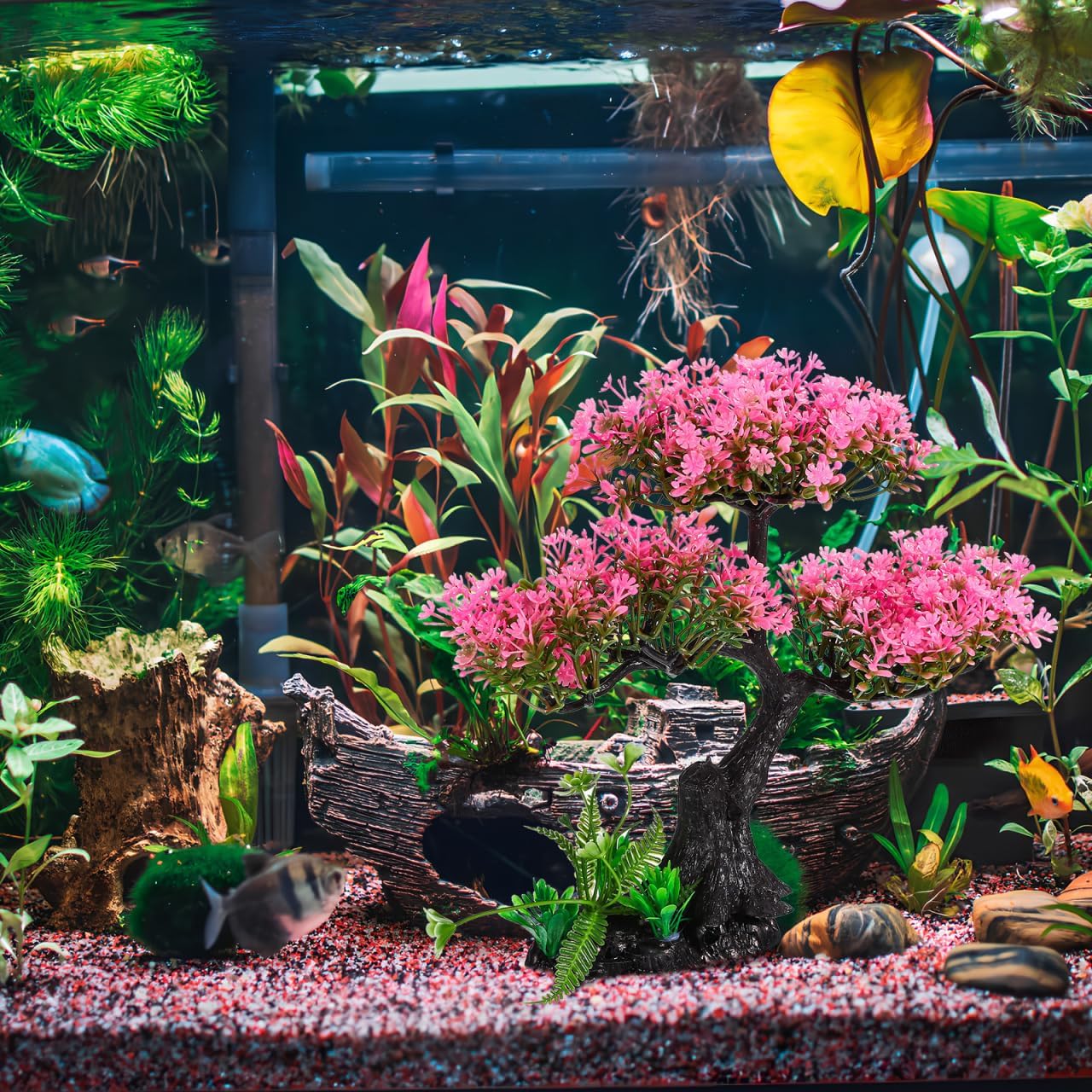 Garneck Aquarium Artificial Plants Pink Cherry Blossom Tree Grass Set Fish Decorations for Tank Accessories Home Office Fish Tank Aquarium Decorations