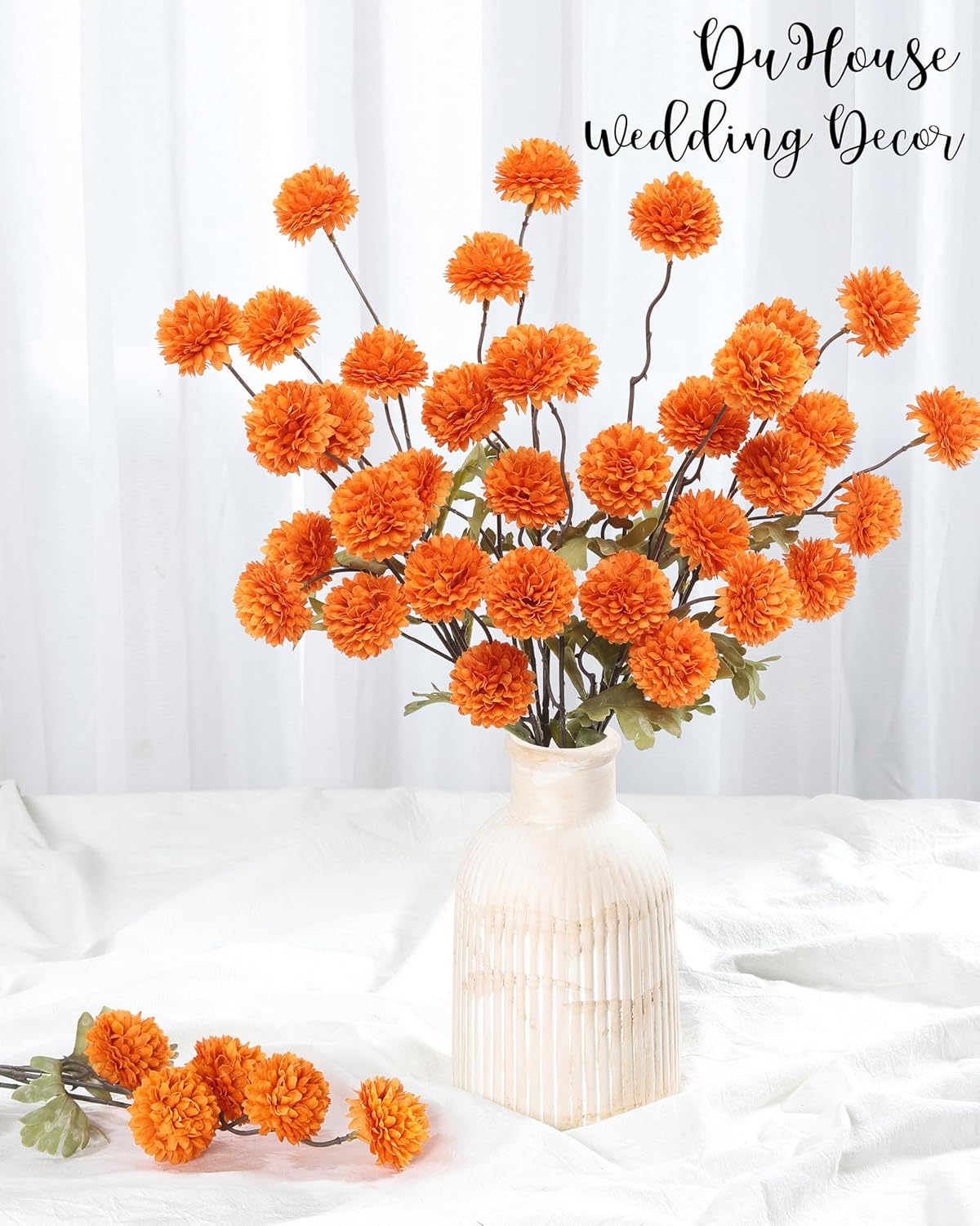 DuHouse 6pcs Artificial Flowers Faux Silk Pompon Mum,Silk Small Mini Chrysanthemum Ball with Stems for DIY Bouquets Centerpieces Vase Home Table Kitchen Decorations(Orange)