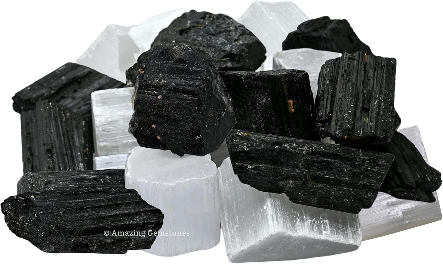 Amazing Gemstone Black Tourmaline Selenite Crystal - 1/2 lb Bulk Raw Black Tourmaline Crystals and Selenite Healing Crystals for Protection, Crystal Grid, Energy Piedra Selenita Original