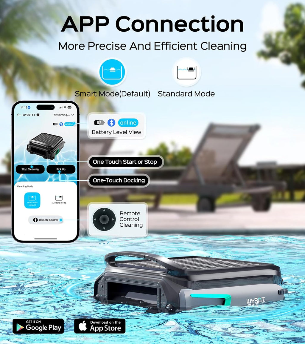 WYBOT F1 Pool Skimmer Robot Cleaner, App Remote Control, Automatic Solar Pool Cleaner, Water Clarification, Obstacle Avoidance, Anti-Stranding, Ideal for All Swimming Pool Types