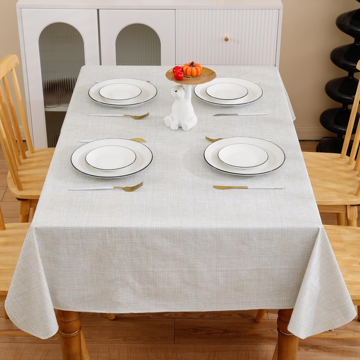 Heavy Duty Vinyl Tablecloth with Flannel Backing Waterproof Oil-Proof Plastic Table Cloth Stain-Resistant Wipeable Rectangle or Square Table Cover for Indoor and Outdoor (Beige Striped,60x84 Inch)