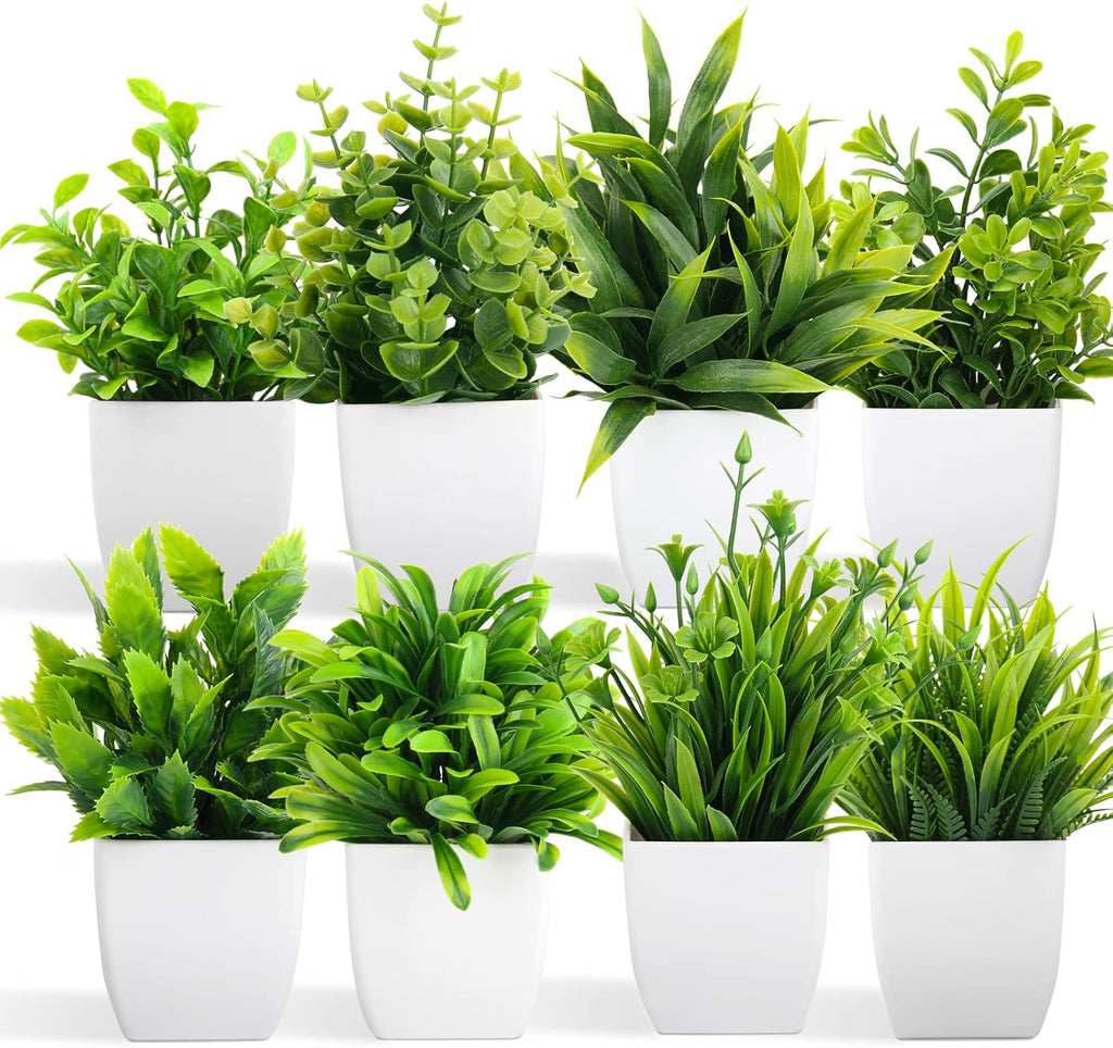 LELEE Artificial Plants Mini Fake Potted Plants, 8 pcs Small Eucalyptus Potted Faux Decorative Grass Plant with White Pot for Home Decor, Indoor, Office, Desk, Shelf, Table Decoration