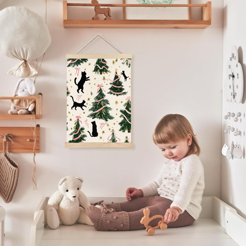 FDHSPAAM Christmas Tree Black Cat Wall Art Decor, Coquette Christmas Decor, Winter Girly Pink Bow Cute Black Cat Wall Art Posters for Home Bedroom Living Room, 12x16 Inch