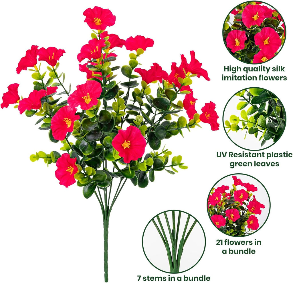 Artificial Faux Flowers for Outdoor 16 Bundles Boxwood Fake Morning Glory for Planter,UV Resistant Fake Flowers for Home Porch Patio Outside（Rose Red）