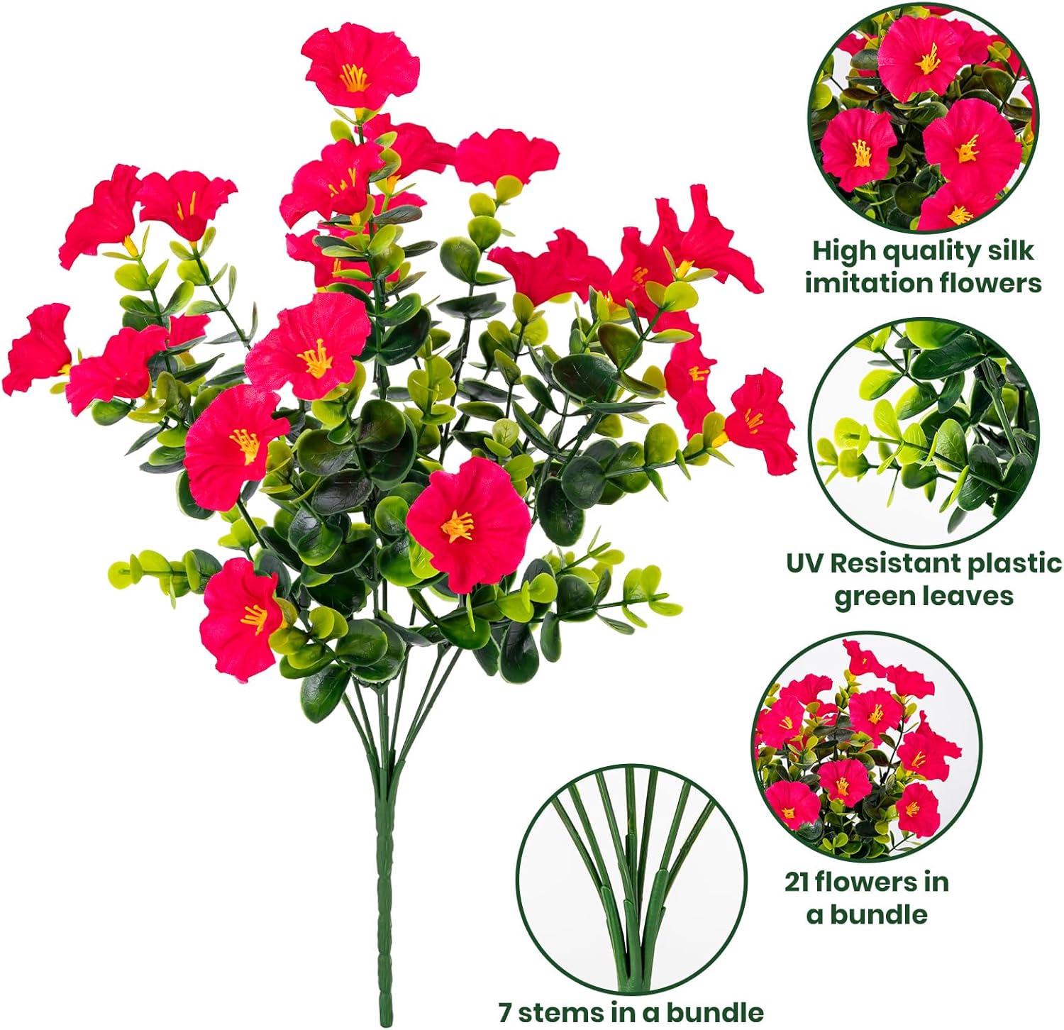 Artificial Faux Flowers for Outdoor 16 Bundles Boxwood Fake Morning Glory for Planter,UV Resistant Fake Flowers for Home Porch Patio Outside（Rose Red）