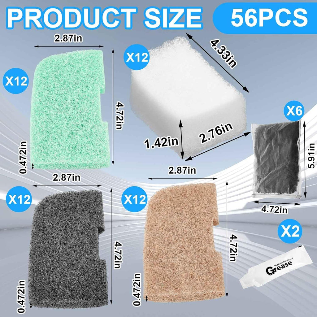 56 Pcs Aquarium Filter Media Compatible with Fluval 306/307/406/407, 36 Ammonia Phosphate & Nitrite Remover Pads, 6 Activated Carbon, 12 Quick-Clear Polishing Pads, 2 Silicone Lubricant