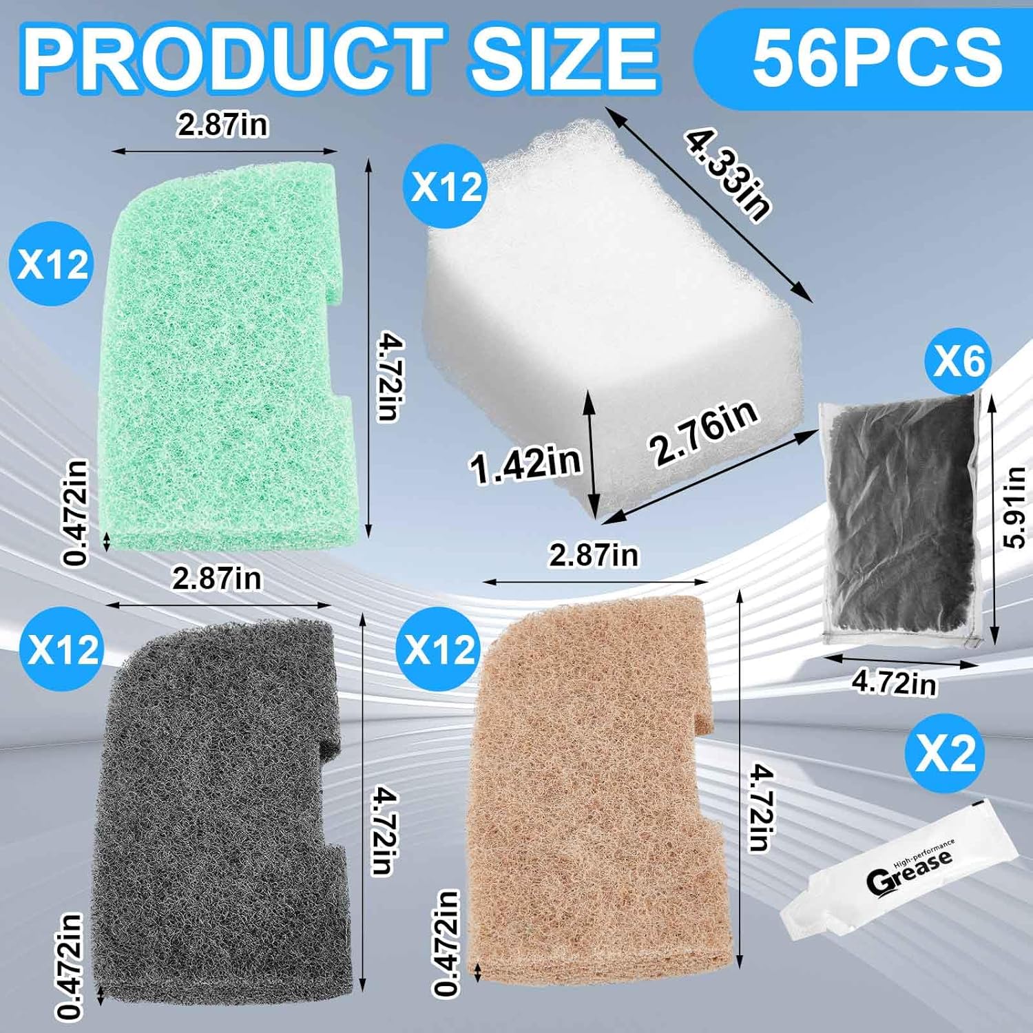 56 Pcs Aquarium Filter Media Compatible with Fluval 306/307/406/407, 36 Ammonia Phosphate & Nitrite Remover Pads, 6 Activated Carbon, 12 Quick-Clear Polishing Pads, 2 Silicone Lubricant