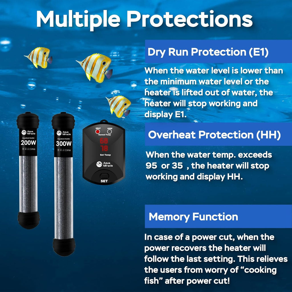 AquaMiracle 200W Small Aquarium Heater Fish Heater, Super Compact Fish Tank Heater Turtle Tank Heater for 20-40 Gal Tanks, with Dual LED Display, Dry-Run/Overheating Protection & Memory Function