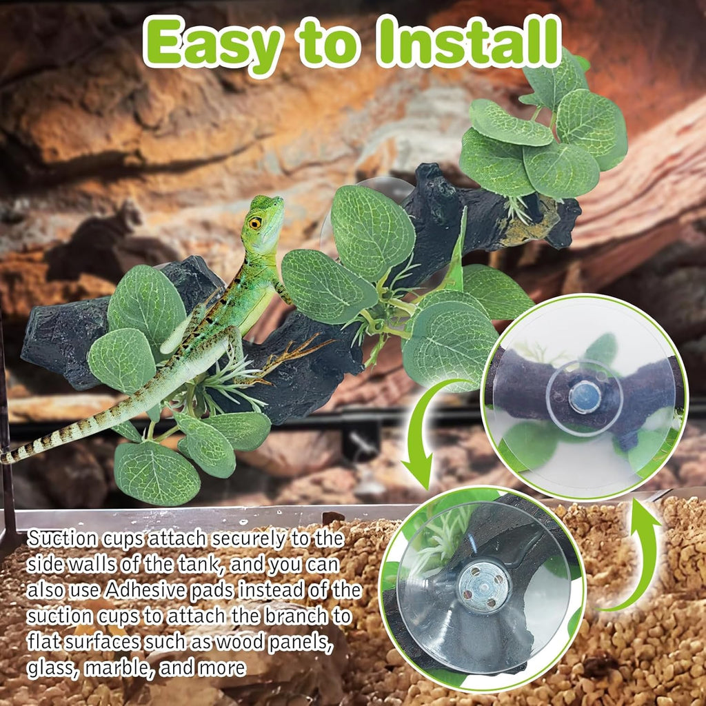 kathson 2 PCS Reptile Corner Branch Resin Snake Climbing Accessories with Leaves Terrarium Plant Decoration with Suction Cup for Bearded Dragon Lizard Frog Gecko Spider Climbing 7.8 x 3.1 x 1.4 inches