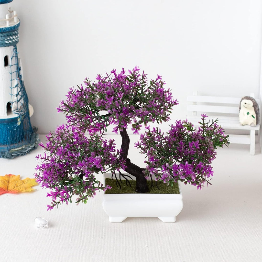 Mini Artificial Bonsai Tree Plants Artificial Plant Welcome Pine Treewith Plastic Cement Pots for Home Office Décor (Magenta)
