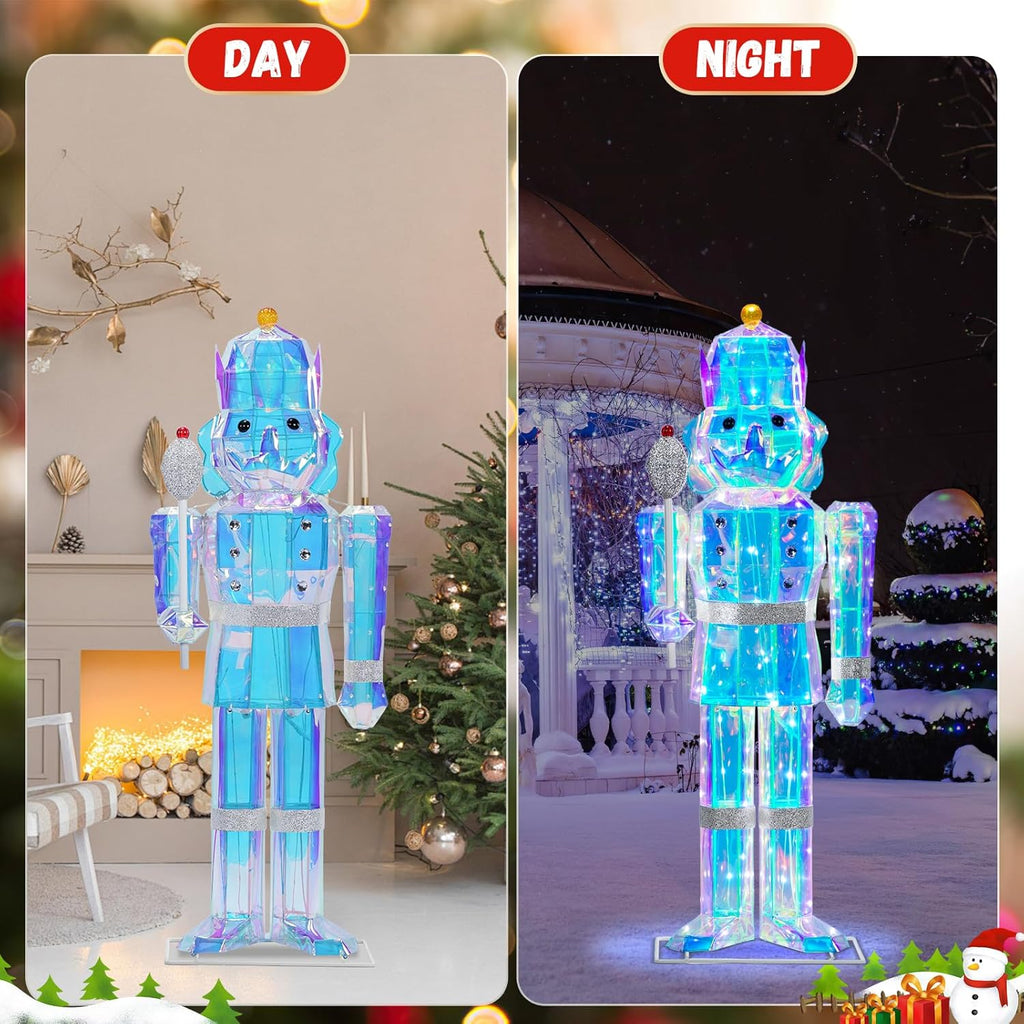 4FT Large Light-Up Giant Nutcracker Christmas Decor, Prismatic Iridescent Nutcracker Outdoor Soldier with 110 LED Pre-lit Lights, Plug-in Outdoor Nutcracker Decorations for Yard, Porch, Garden