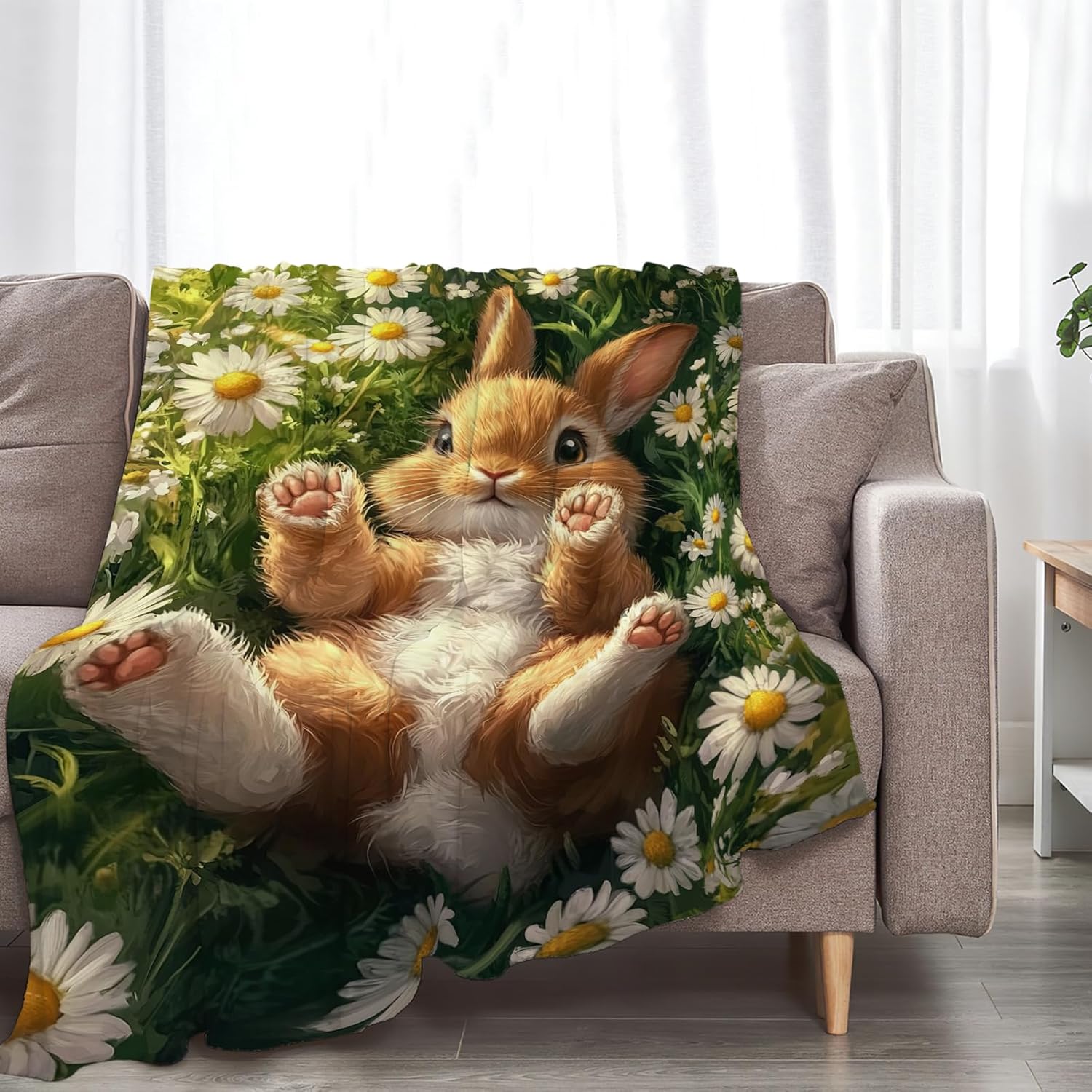 Cute Rabbit Blanket Bunny Hare Throw Blankets Daisy Gifts for Girls Boys Kids Rabbit Lover Soft Cozy Fleece Plush for Couch Sofa Bed 60"x50"