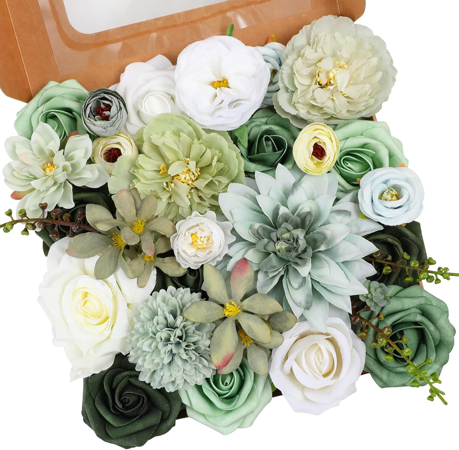 Artificial Flowers Combo, Mix Silk Flowers Roses, Peonies, Dahlias with Stems for DIY Wedding Bridal Bouquet, Baby Shower, Table Centerpieces, Home Decor, Fake Floral Arrangements-Forest Green