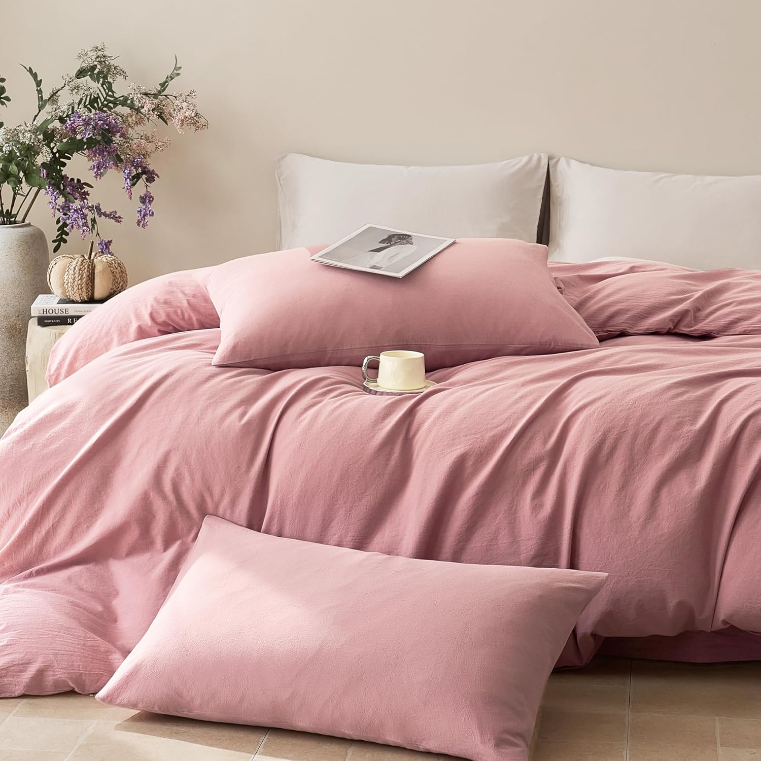 JELLYMONI Pillowcases Standard Set of 2 Washed Cotton Envelope Pillow Covers Linen-Like Texture,Darker Rose 20×26in Bed Pillow Cases Soft Breathable (Pillows are not Included)