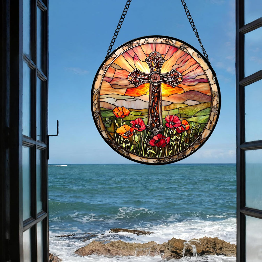 Christian Gifts for Women - Cross Stained Glass Window Hanging Jesus Easter Poppy Sunset Landscape Sun Catcher Garden Religion Decor Mother's Day Catholic Gift for Men Grandma Mom Her 11.8"