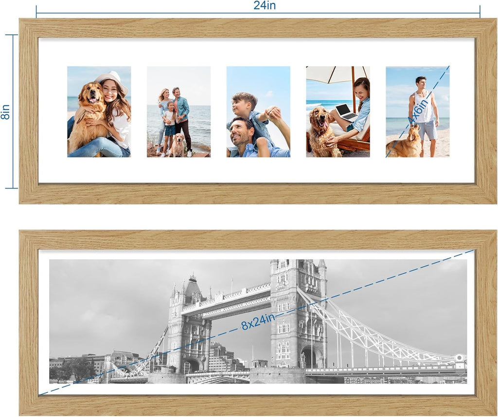 8x24 Picture Frame 2 Pack, Natural Oak Wood Frame with Tempered Glass, Display Pictures Multiple Five 4x6 With Mat or 8 x 24 Without Mat - Horizontal or Vertical Wall Mounting