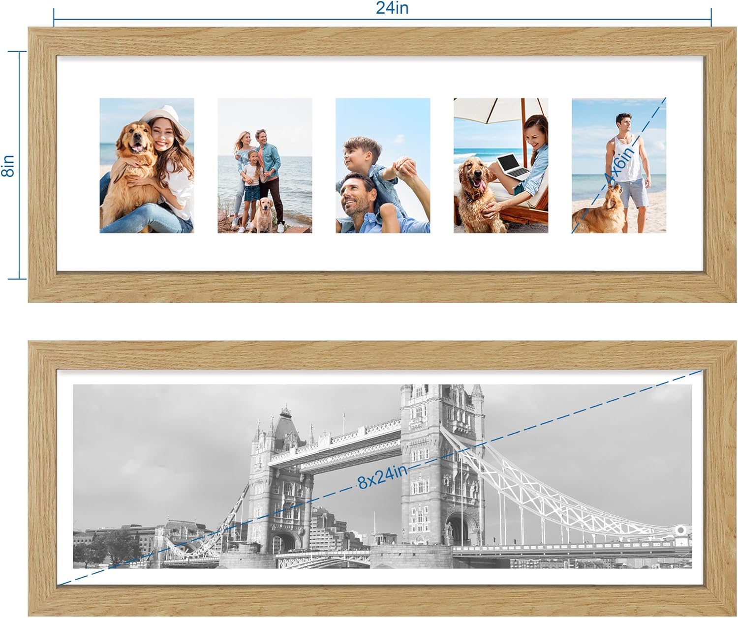 8x24 Picture Frame 2 Pack, Natural Oak Wood Frame with Tempered Glass, Display Pictures Multiple Five 4x6 With Mat or 8 x 24 Without Mat - Horizontal or Vertical Wall Mounting