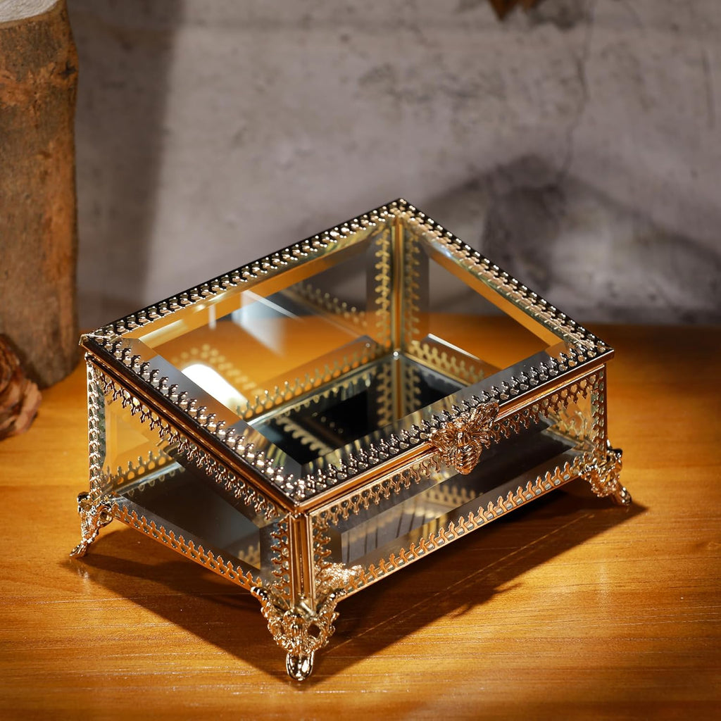 Glass Vintage Jewelry Box Keepsake storage Trinket Ring Display Box Home Decor Beveled Clear Glass Box Organizer (5.7x4.3x2.7Inches)