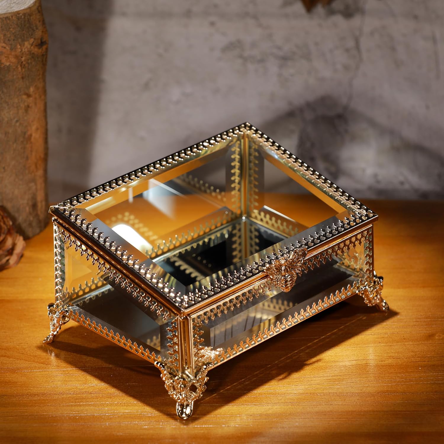 Glass Vintage Jewelry Box Keepsake storage Trinket Ring Display Box Home Decor Beveled Clear Glass Box Organizer (5.7x4.3x2.7Inches)