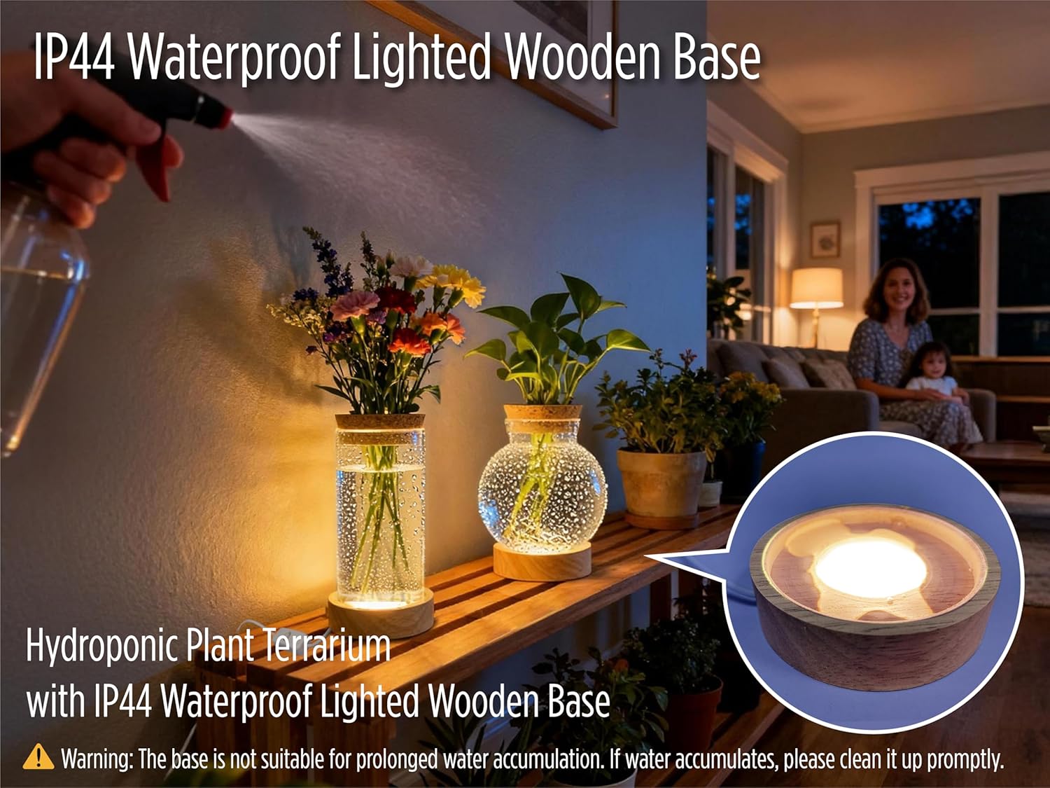 Plant Propagation Station with Lights, Glass Planter Station with Waterproof Lighted Wooden Base, Desktop Hydroponic Plants Terrarium with LED, Cylindrical Planter with Light for Home & Office Decor