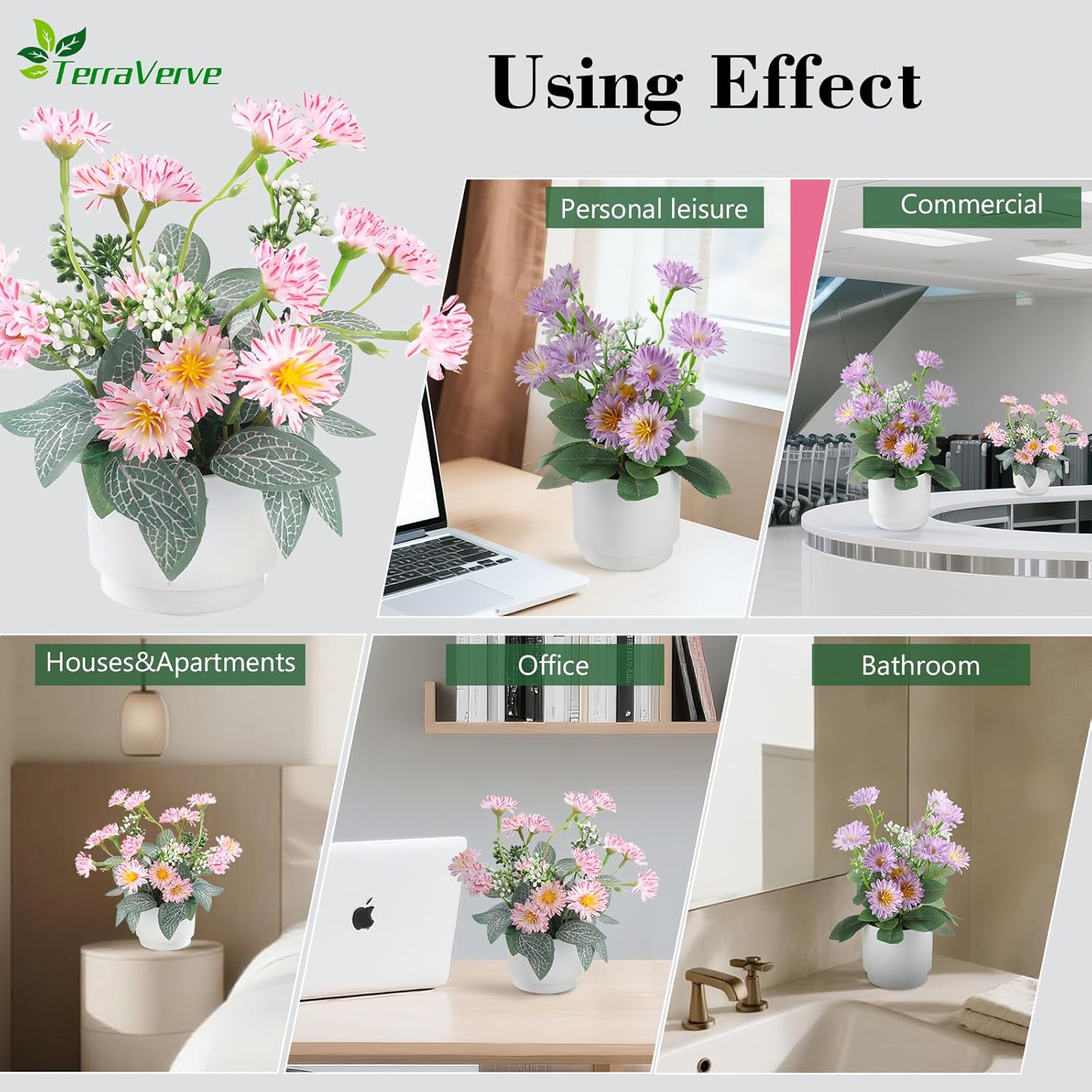 2-Piece Artificial Mums Set & Silk Flowers| Fake Flowers Indoor Planters for Living Room, Bedroom, Bathroom & Office Decor | Boho Style Artificial Plants & Flowers Decor