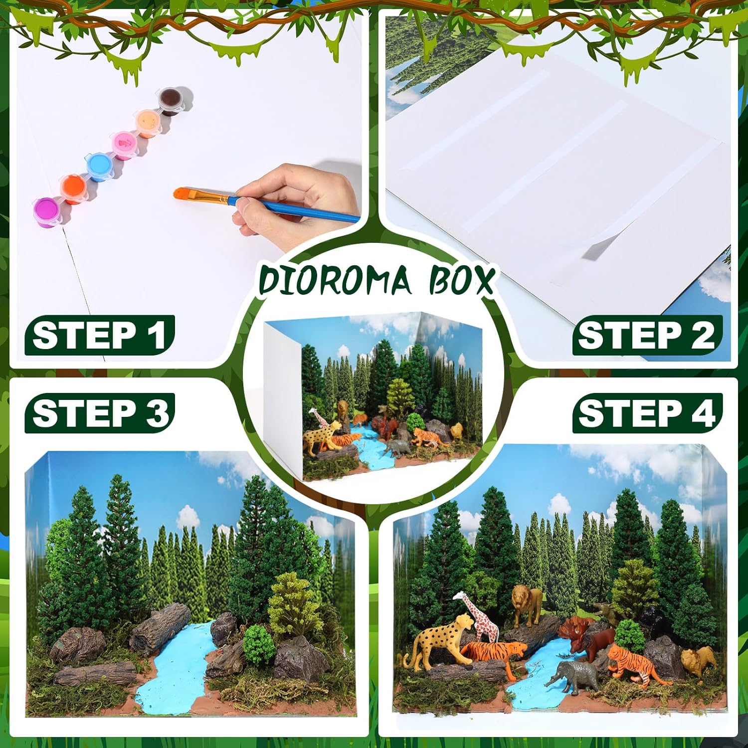 55 Pieces Rainforest Diorama Kit Rainforest Diorama Supplies Include Animals Figures Model Trees Artificial Tree Fake Rocks Sand Stone Moss with Gift Box for Gifts Project Birthday