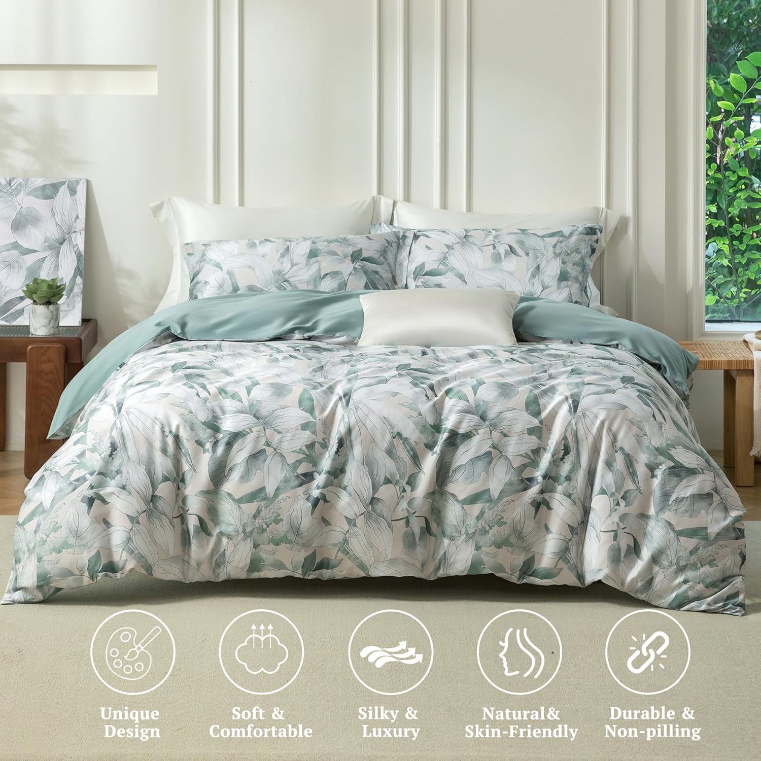 MILDLY Queen Size Duvet Cover Set 100% Long-Staple Cotton Luxury Sage Green Leaves Patten Reversible Comforter Cover Set 3Pcs