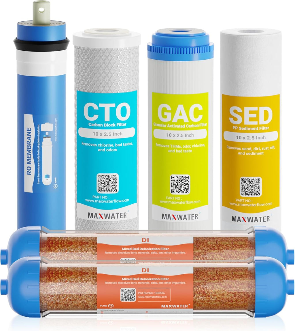 Max Water 6 Stage Reverse Osmosis Dual RODI Water Filter Replacement Kit for Aquarium -1 Micron Polypropylene Sediment, GAC, CTO Carbon, 2X Mixed Bed DI & 100 GPD RO Membrane