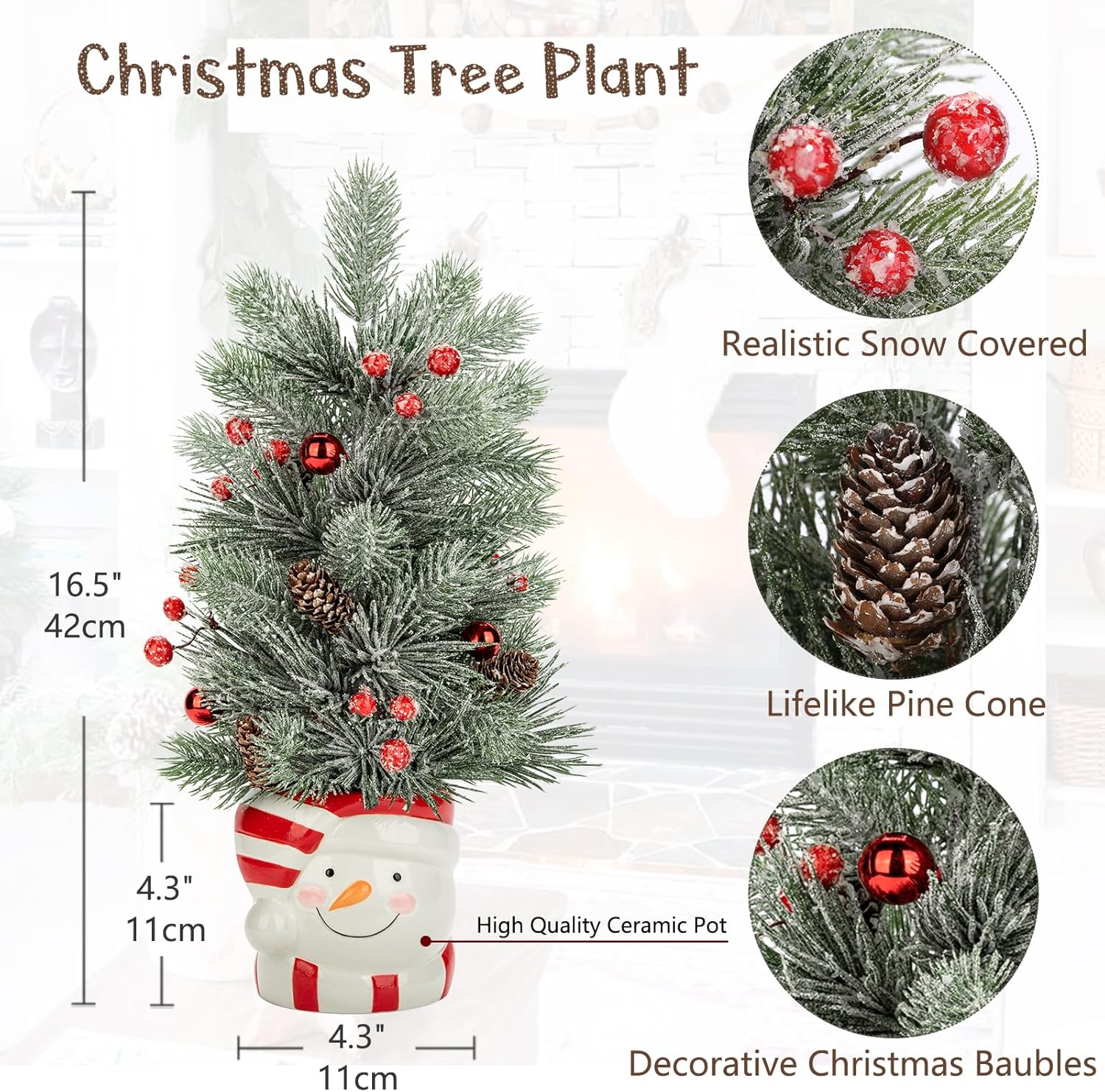 Small Christmas Tree Snowman Potted Plants with Vase 16.5" Artificial Tabletop Mini Xmas Tree Decorations Pine Needles Plant with Christmas Ball Ornaments Berries Pine Cones Home Party Christmas Decor
