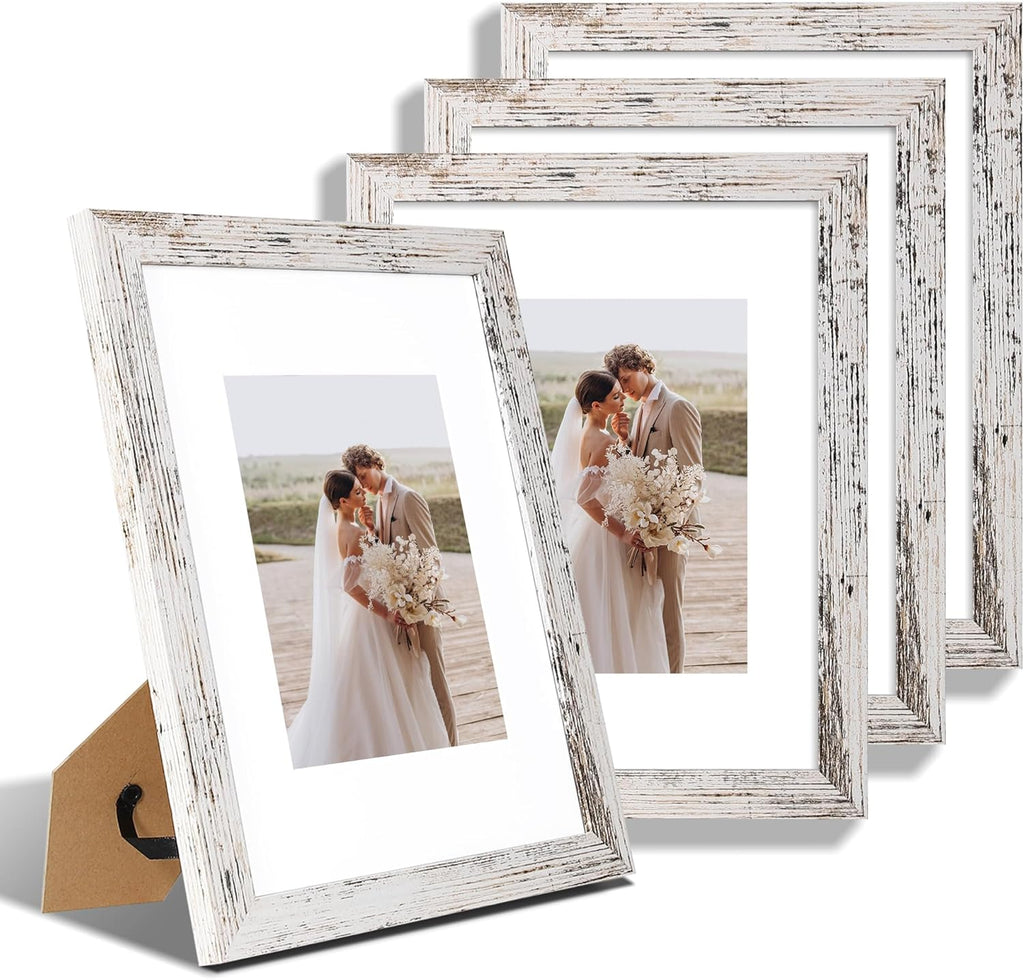 9x12 Picture Frame Set of 4, Made of Glass and Distressed White Wooden Frame - Display Picture 6x8 with Mat or 9 x 12 Without Mat, 9 by 12 Photo for Wall or Tabletop
