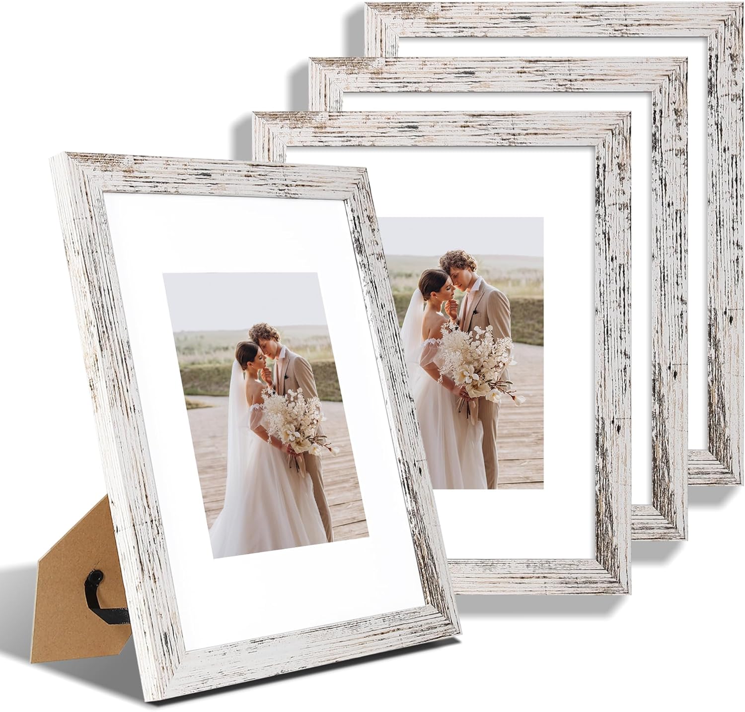 9x12 Picture Frame Set of 4, Made of Glass and Distressed White Wooden Frame - Display Picture 6x8 with Mat or 9 x 12 Without Mat, 9 by 12 Photo for Wall or Tabletop