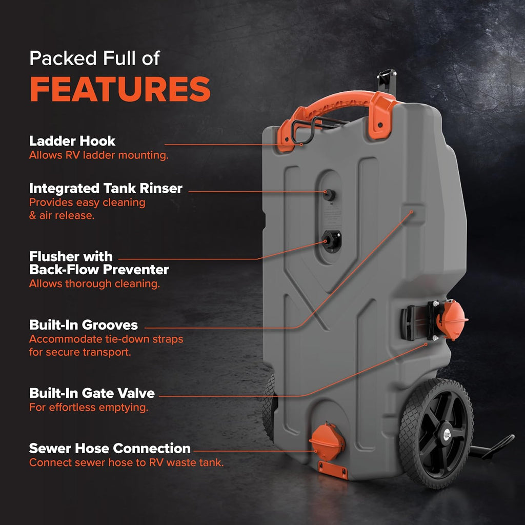 Camco Rhino 36-Gallon Portable RV Tote Tank - Features 2 Steerable No-Flat Front Wheels & Built-in Gate Valve - Includes Removable 24" Tow Bar, 3’ Sewer Hose & More RV Accessories (39007)
