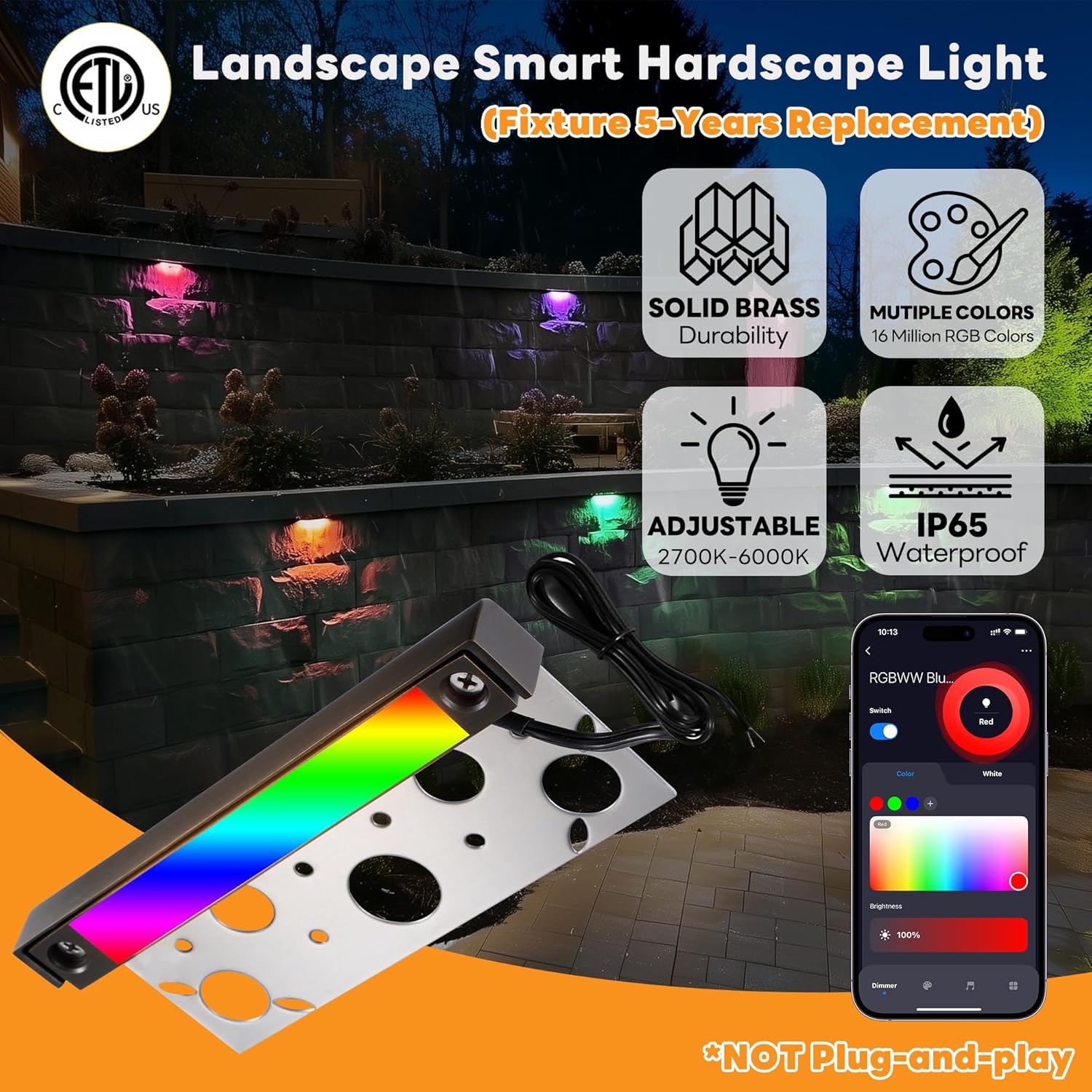 Gardenreet LED Hardscape Paver Lights Solid Brass, RGBCCT Smart Low Voltage Color Changing Step Lights, App & Voice Control 3W 12V 7 Inch Waterproof Outdoor for Retaining Wall, Patio, Deck 12 Pack