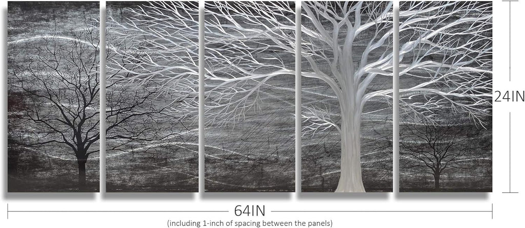 BATRENDY ARTS Black and Silver Tree Metal Art Hand-polished Wall Decor 3D Modern Home Accent for Bedroom Decoration 5 Panels Hanging Scuplture