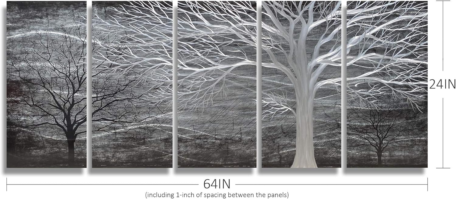 BATRENDY ARTS Black and Silver Tree Metal Art Hand-polished Wall Decor 3D Modern Home Accent for Bedroom Decoration 5 Panels Hanging Scuplture
