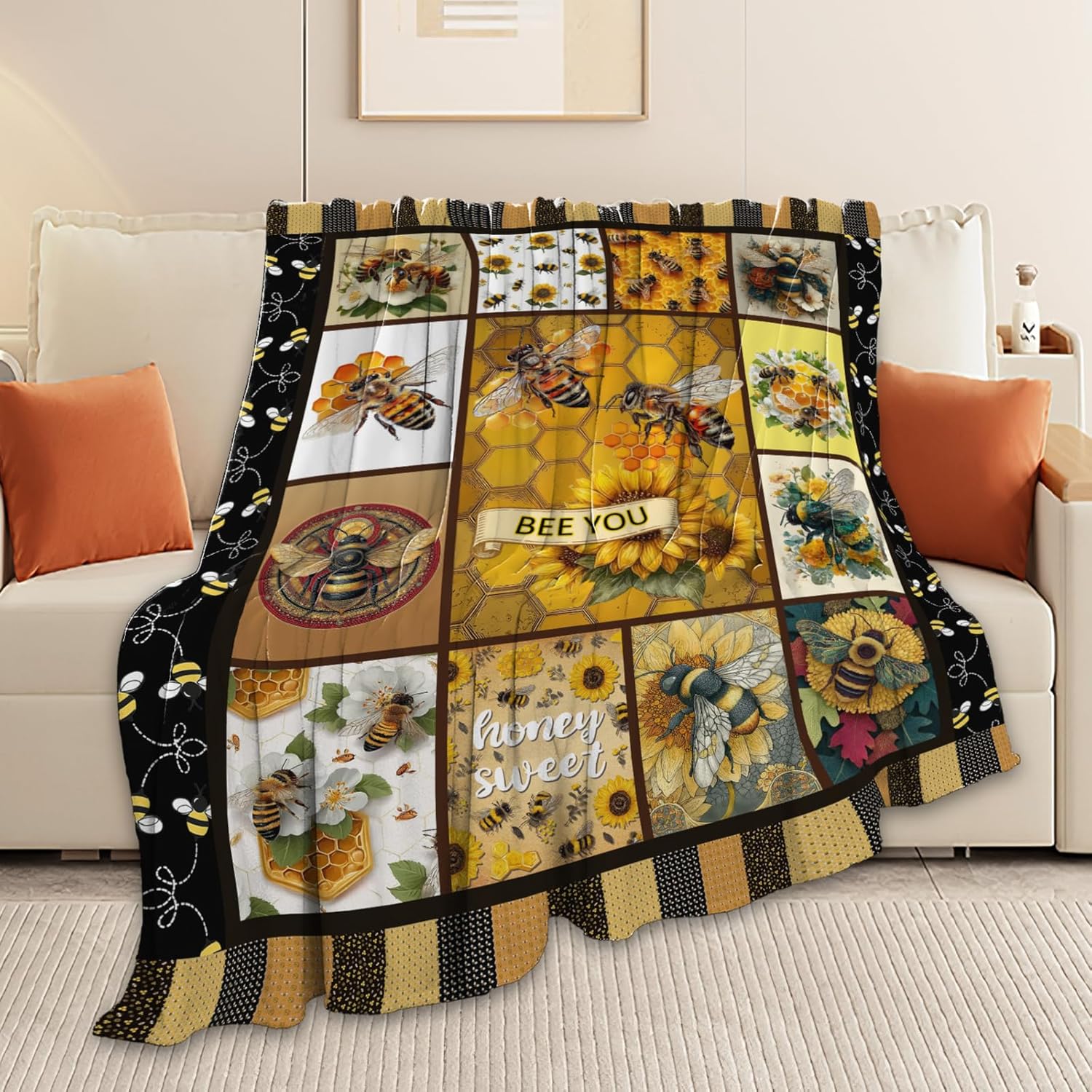 Bee Throw Blanket Bee Stuff Gifts for Kids Girls Boys Adults Women Men Soft Cozy Warm Plush Fluffy Fuzzy Fleece Blanket Decor 40''X50''