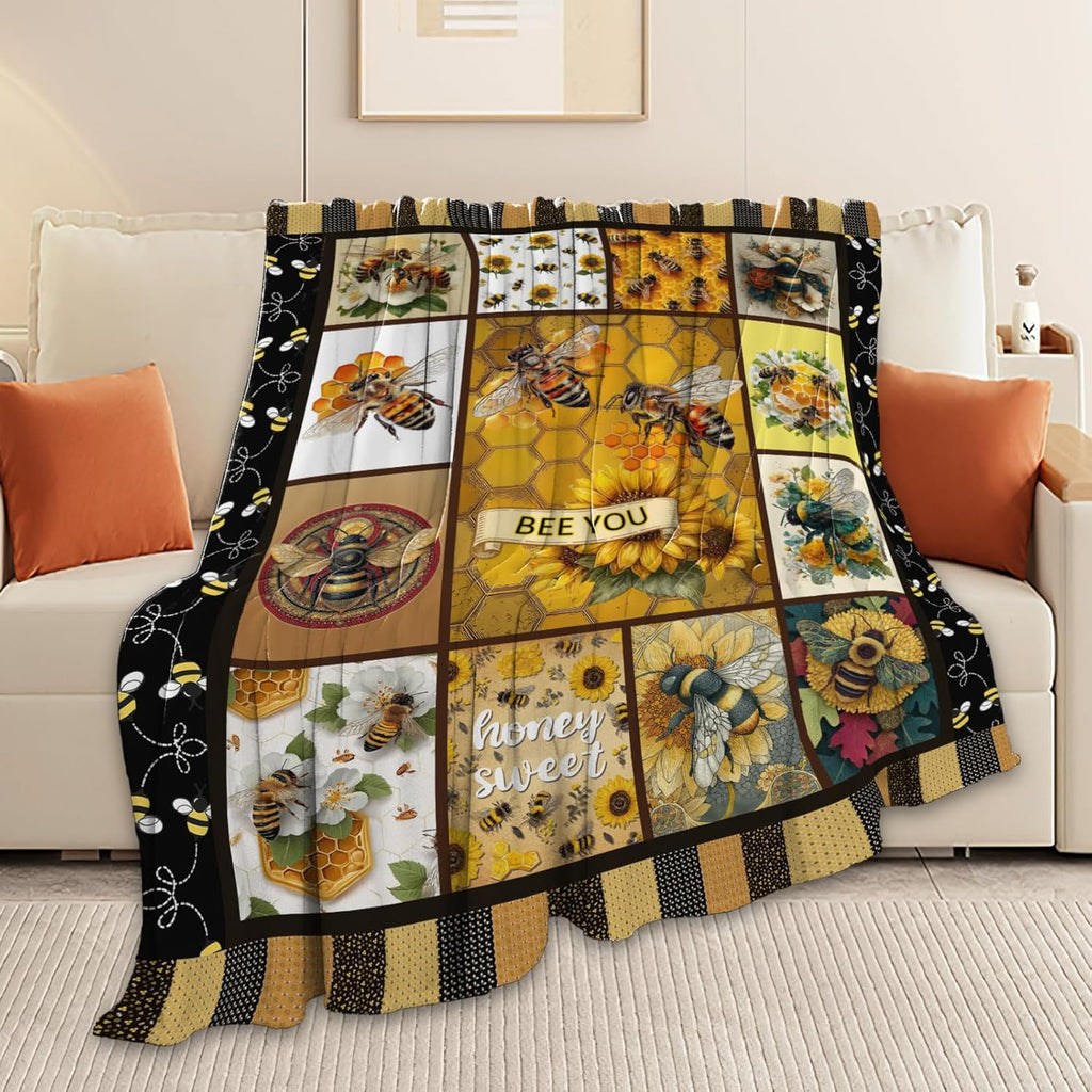Bee Throw Blanket Bee Stuff Gifts for Kids Girls Boys Adults Women Men Soft Cozy Warm Plush Fluffy Fuzzy Fleece Blanket Decor 50''X60''