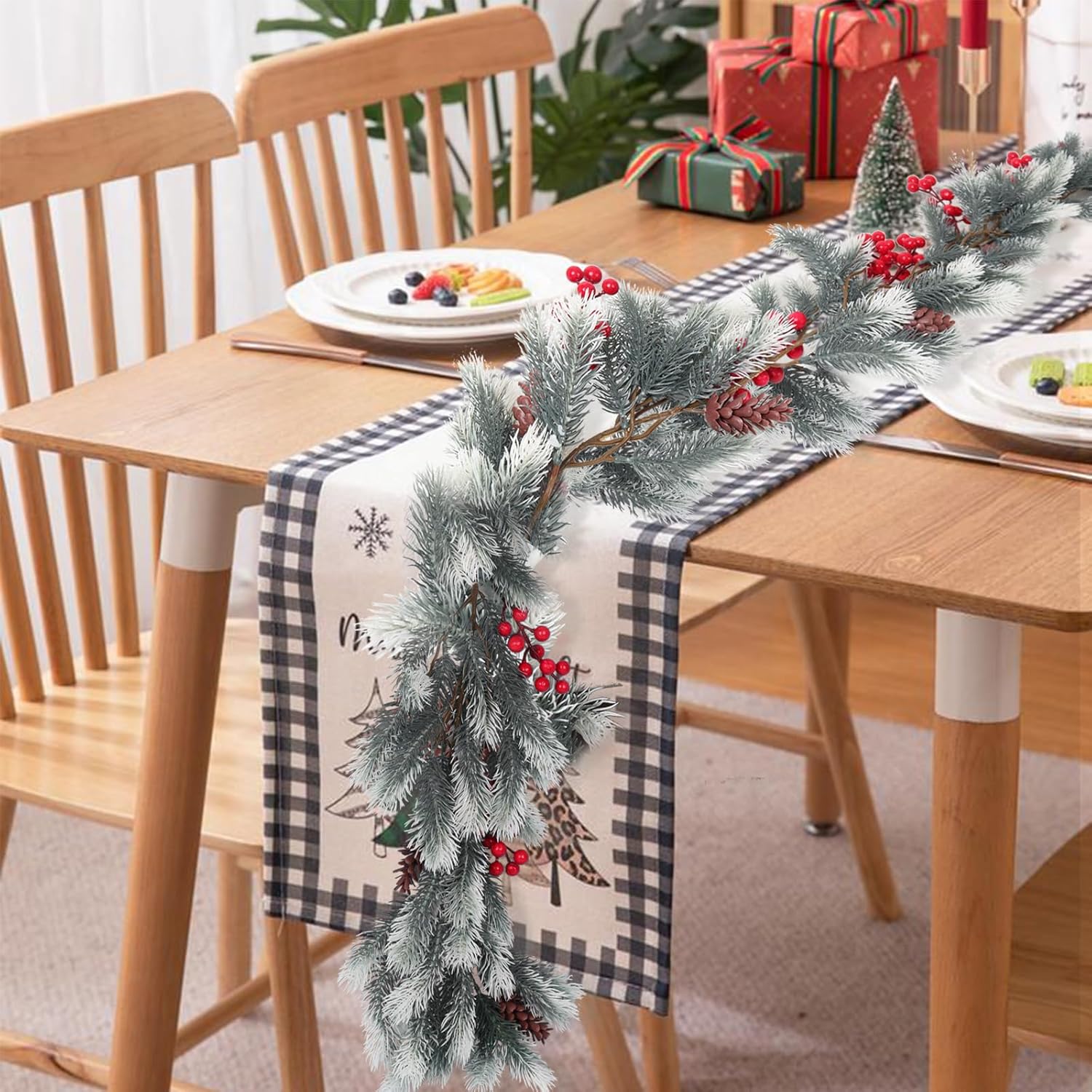 SJL 4.6Ft Faux Christmas Garland Decorations Pine Garland with Pine Cones and Red Berries Realistic Greenery Garlands for Mantle Stairs Railing Table Fireplace Indoor Outdoor Holiday Xmas Decor(White)