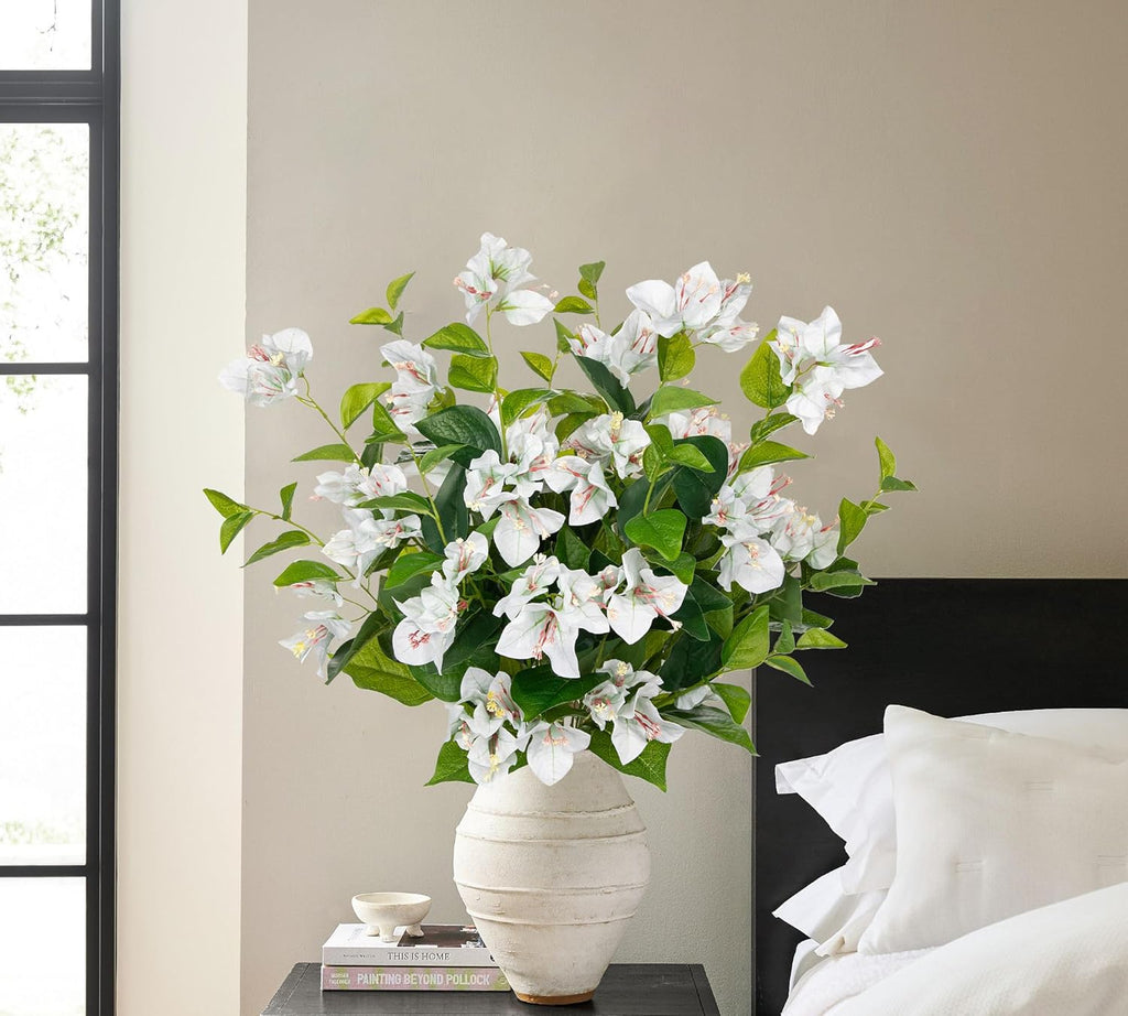Hollyone 2Pcs Bougainvillea Artificial Flowers Bouquets White Fake Flower Silk Flowers with Long Stem Floral Arrangements Faux Bougainvillea Flower Plant for DIY Wedding Party Centerpieces Home Decor