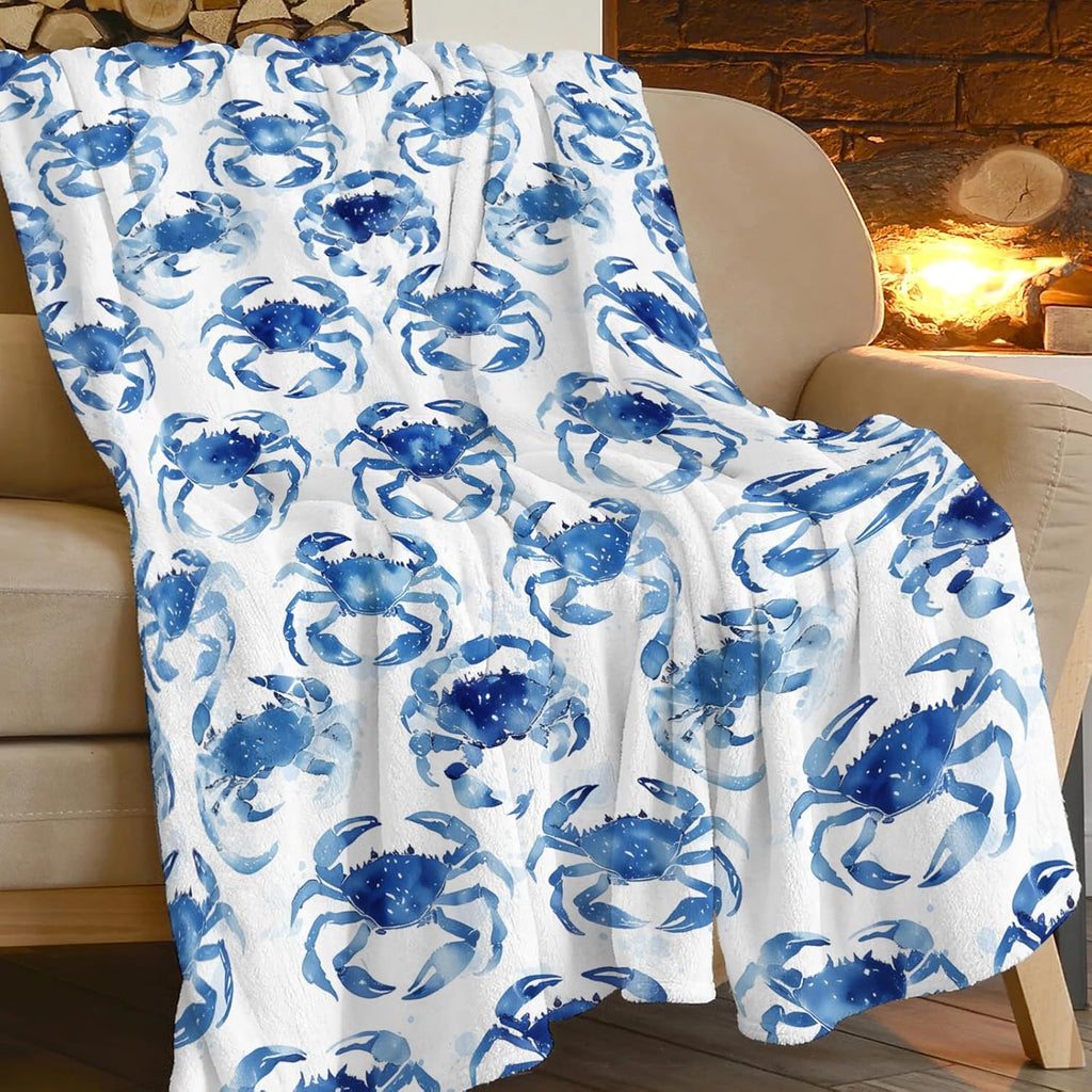 Crab Throw Blanket Nautical Ocean Beach Coastal Print Throw Blankets Gifts for Couch Sofa Bed Stuff Decor Lightweight Soft Cozy Fleece Plush Warm Flannel Bedding for Lover Men Women 50"x60"