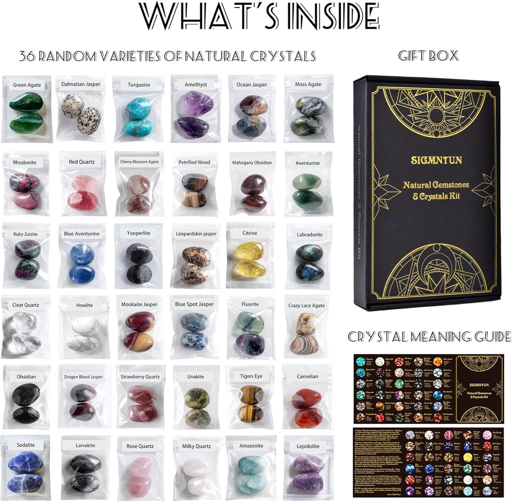 36 Varieties Healing Crystals & Stones Bulk Set – 2.5 lbs, 0.8" Natural Polished & Tumbled Gemstones Collection and Large Decorative Rocks for Chakra, Meditation, Reiki, Witchcraft, Crafts