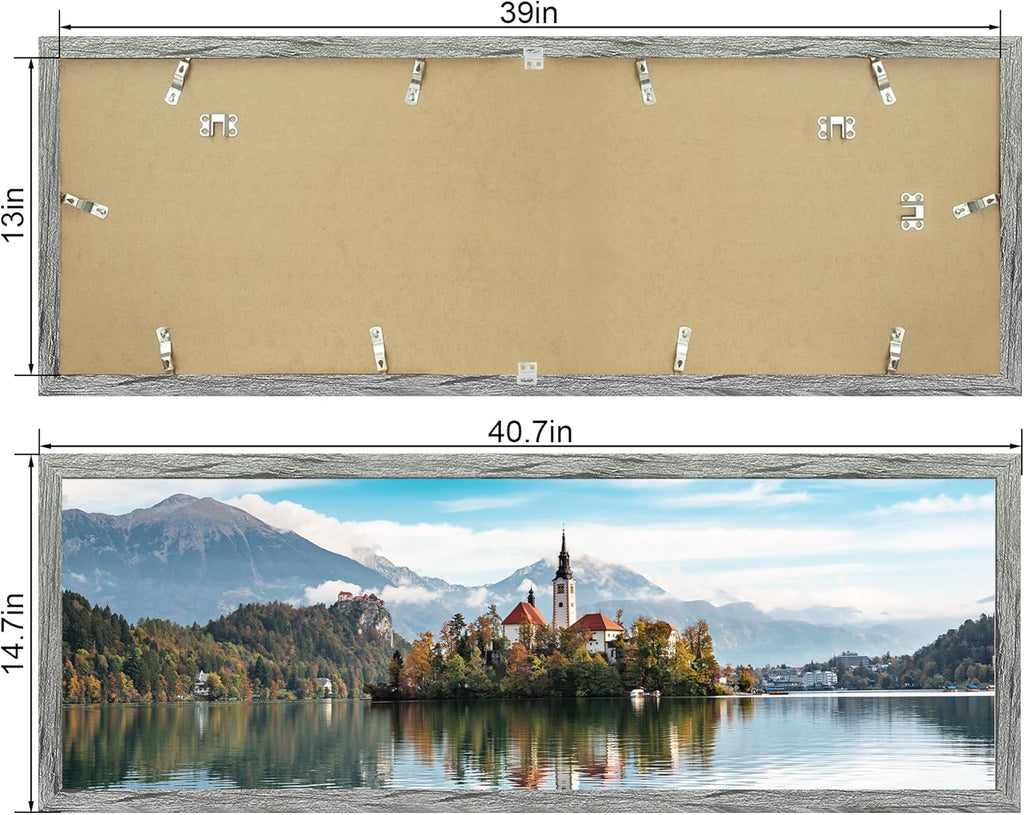 13x39 Puzzle Frame 2 Packs, Real Glass and Rustic Grey Wood Frame, Display Panoramic 13 x 39 Picture Frames - Horizontal or Vertical Wall Mounting