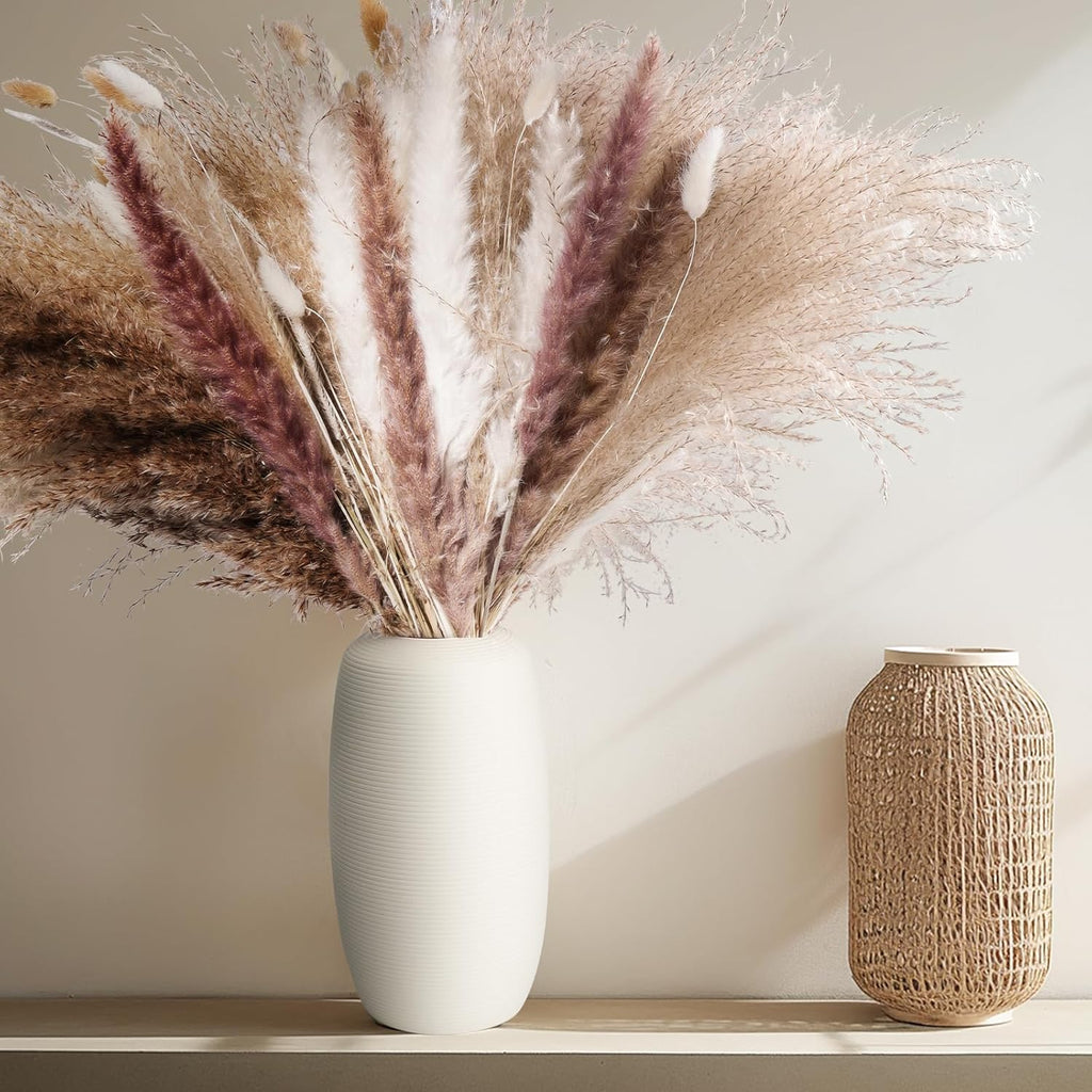 80PCS Dried Pampas Grass Bouquet – Bunny Tails, White Reed & Rustic Florals – Fluffy Donut Vase Filler for Japandi Shelf Styling, Boho Wedding & Neutral Home Decor