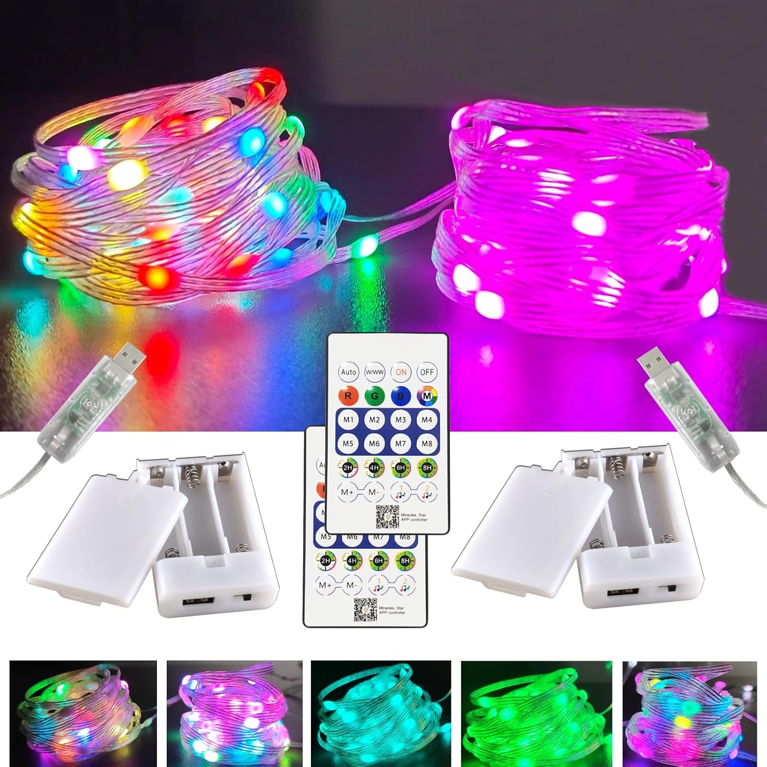 Smart Fairy Light Battery Operated, 2 Pack 16.4ft Outdoor Fairy Lights Waterproof, RGB Twinkle Lights, Color Changing String Light APP Controlled for Indoor, Outdoor, Bedroom, Camping