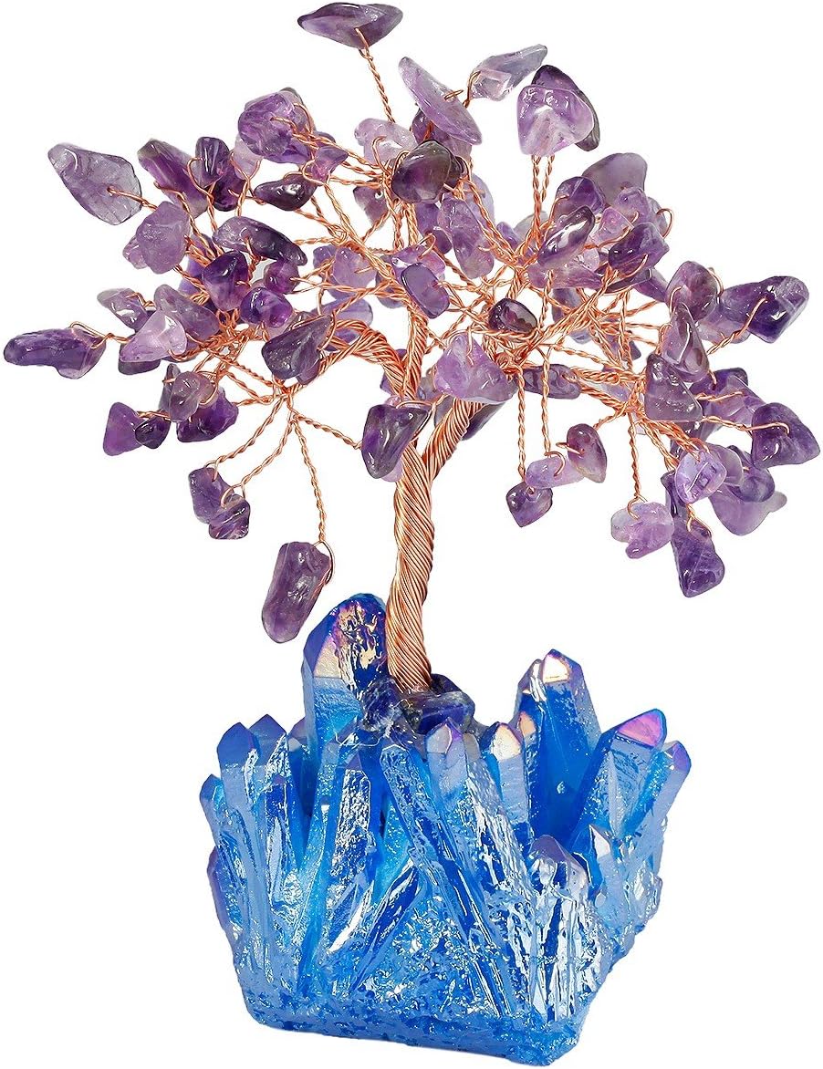 mookaitedecor Amethyst Crystal Tree, Quartz Cluster Blue Titanium Crystals Base Bonsai Money Tree for Wealth and Luck