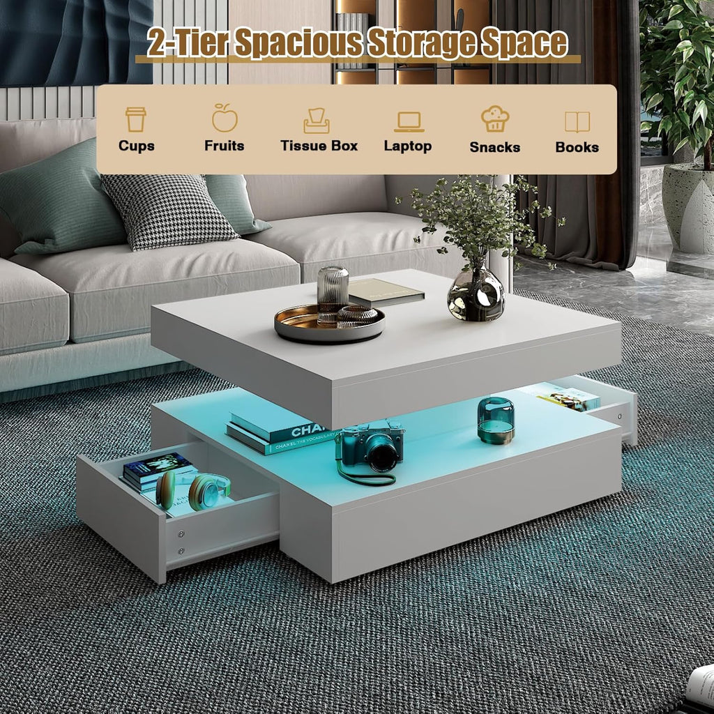White LED Coffee Table with 2 Storage Drawers for Living Room Square Center Middle Table Modern Cocktail Table with Light 2-Tier Tea Tables Contemporary Mid Century Wood Home Office Waiting Room