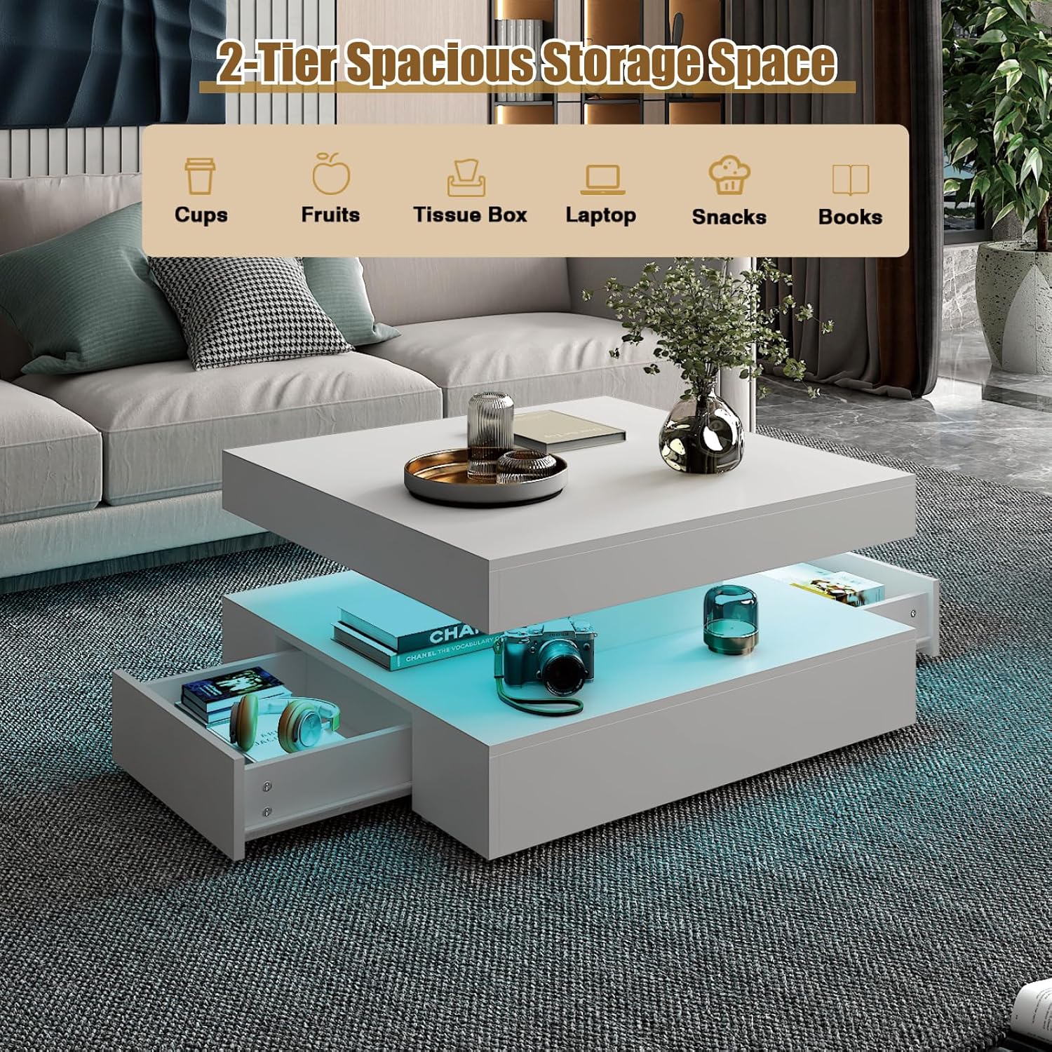 White LED Coffee Table with 2 Storage Drawers for Living Room Square Center Middle Table Modern Cocktail Table with Light 2-Tier Tea Tables Contemporary Mid Century Wood Home Office Waiting Room
