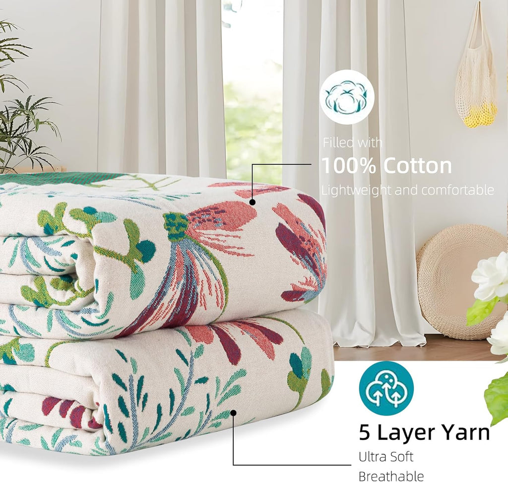 Boho Throw Blanket for Bed, 100% Pure Cotton Ultra Soft Rustic Quilt, Farmhouse Decor Bed Blankets, All Season Rustic Throw for Sofa Couch Chair(91"x 98", Boho Floral)