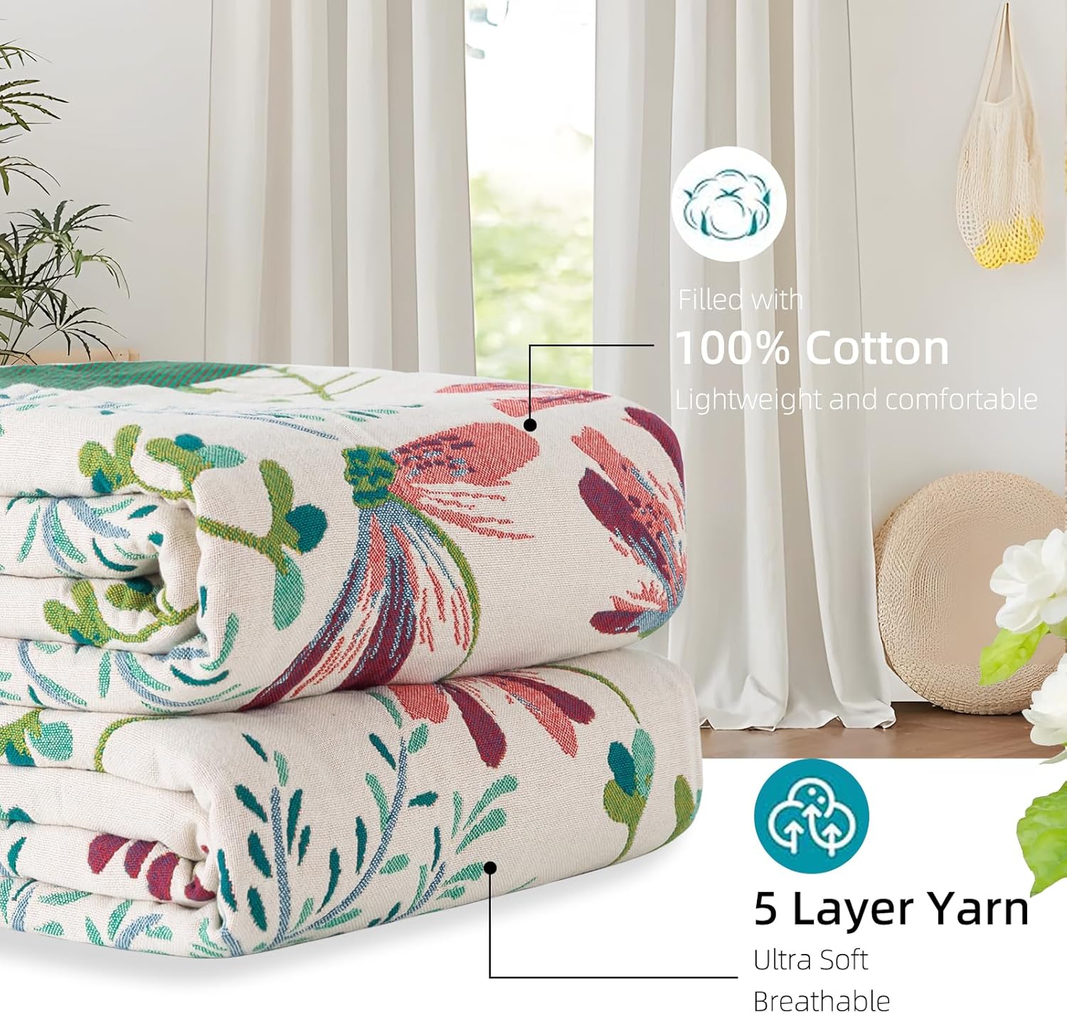 Boho Throw Blanket for Bed, 100% Pure Cotton Ultra Soft Rustic Quilt, Farmhouse Decor Bed Blankets, All Season Rustic Throw for Sofa Couch Chair(91"x 98", Boho Floral)